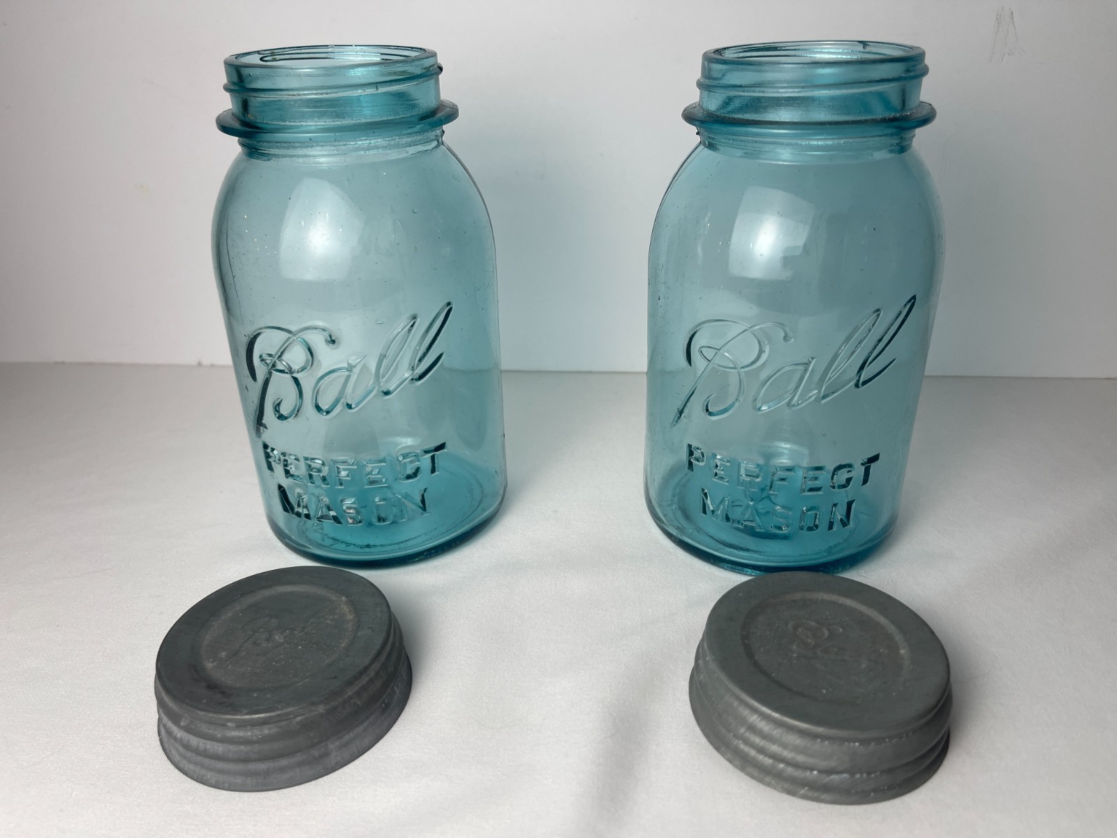 RARE #13 Ball Perfect Mason Jars Pair 1920s Blue Glass Zinc Lid Porcelain Insert RARE #13 Ball Perfect Mason Jars Pair 1920s Blue Glass Zinc Lid Porcelain Insert