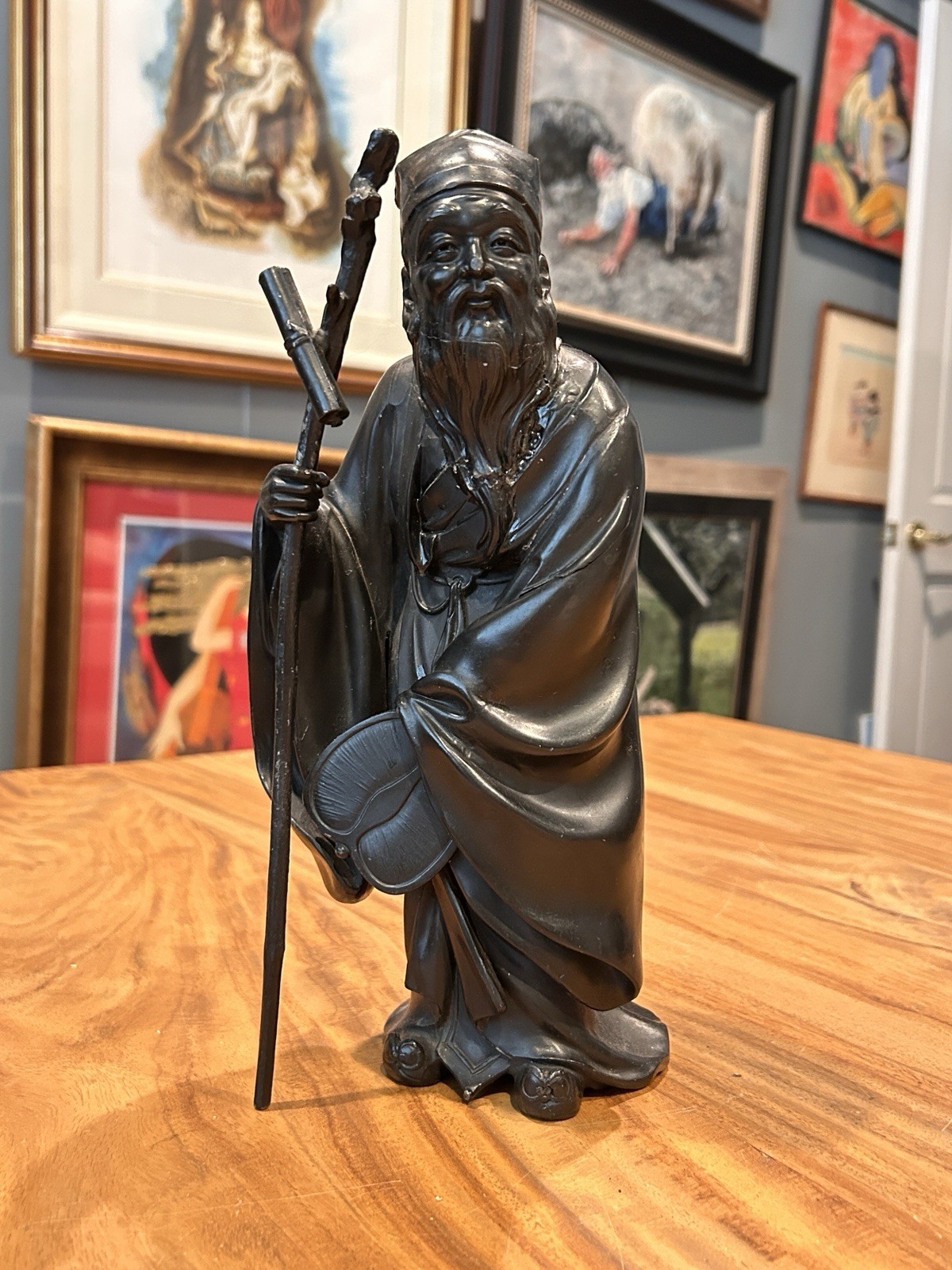 Japanese Jurojin Figure Statue Patinated Cast Metal Lucky God 11” Vintage