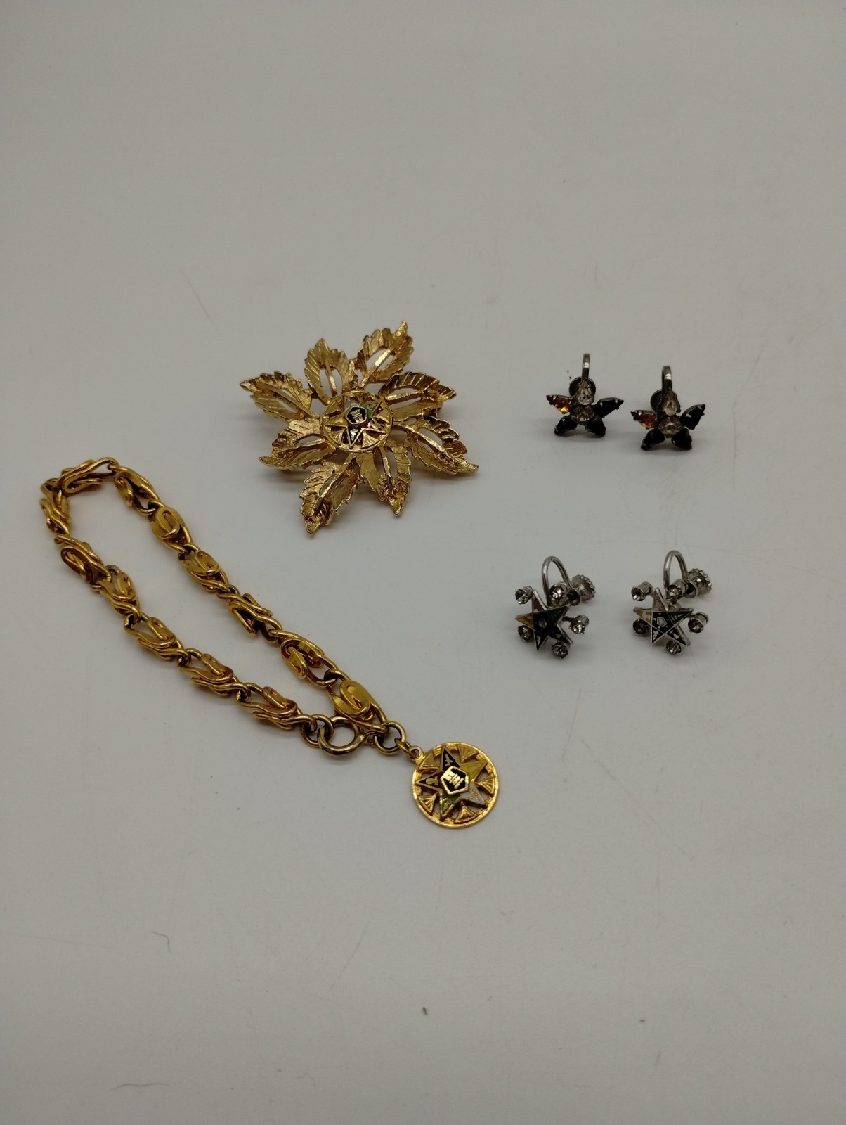 Lot Of Vintage OES Eastern Star Jewelry Brooch Pin Bracelet Screw Back Earrings Lot Of Vintage OES Eastern Star Jewelry Brooch Pin Bracelet Screw Back Earrings