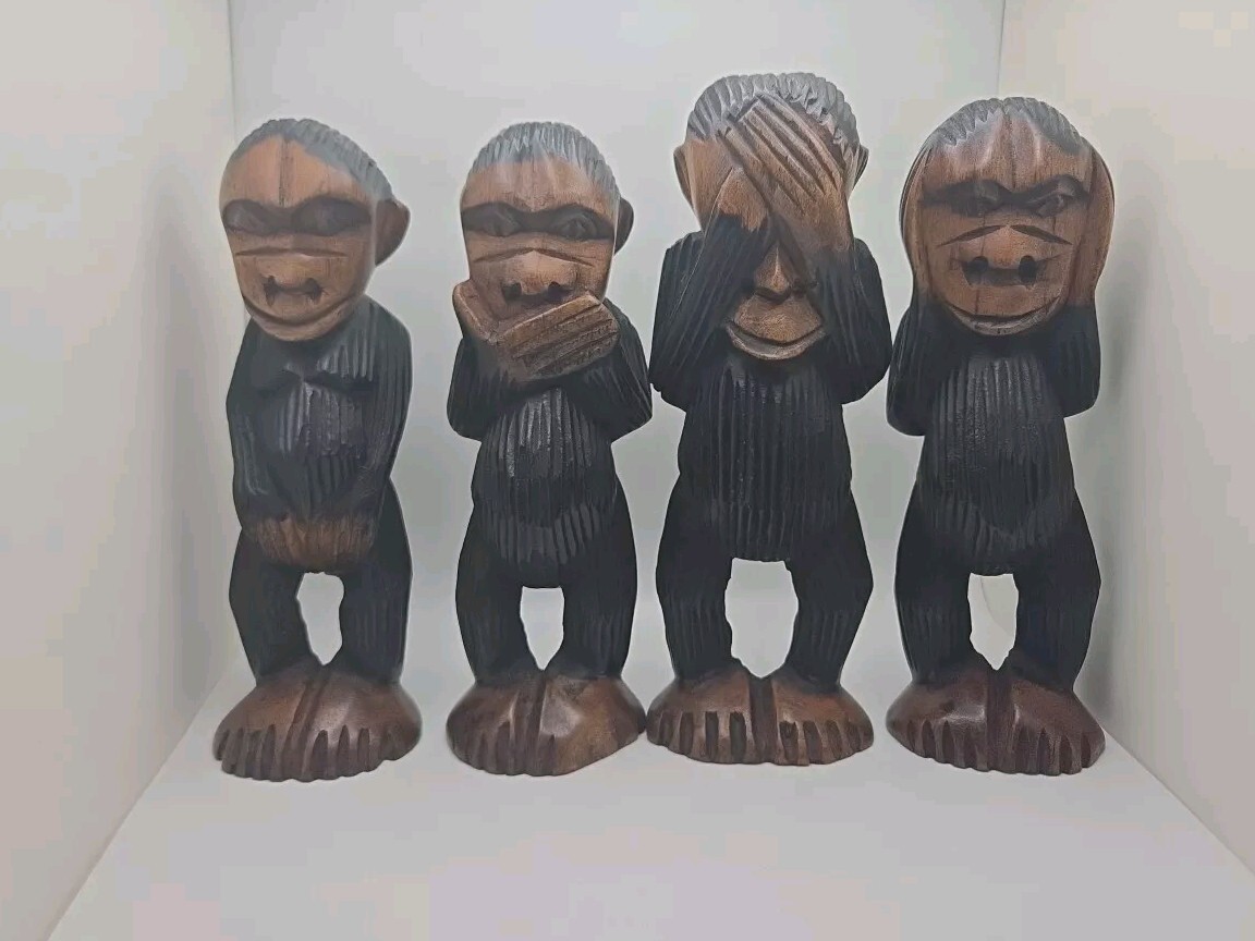 African hand Carved 4 Wise Old Monkeys Set African hand Carved 4 Wise Old Monkeys Set