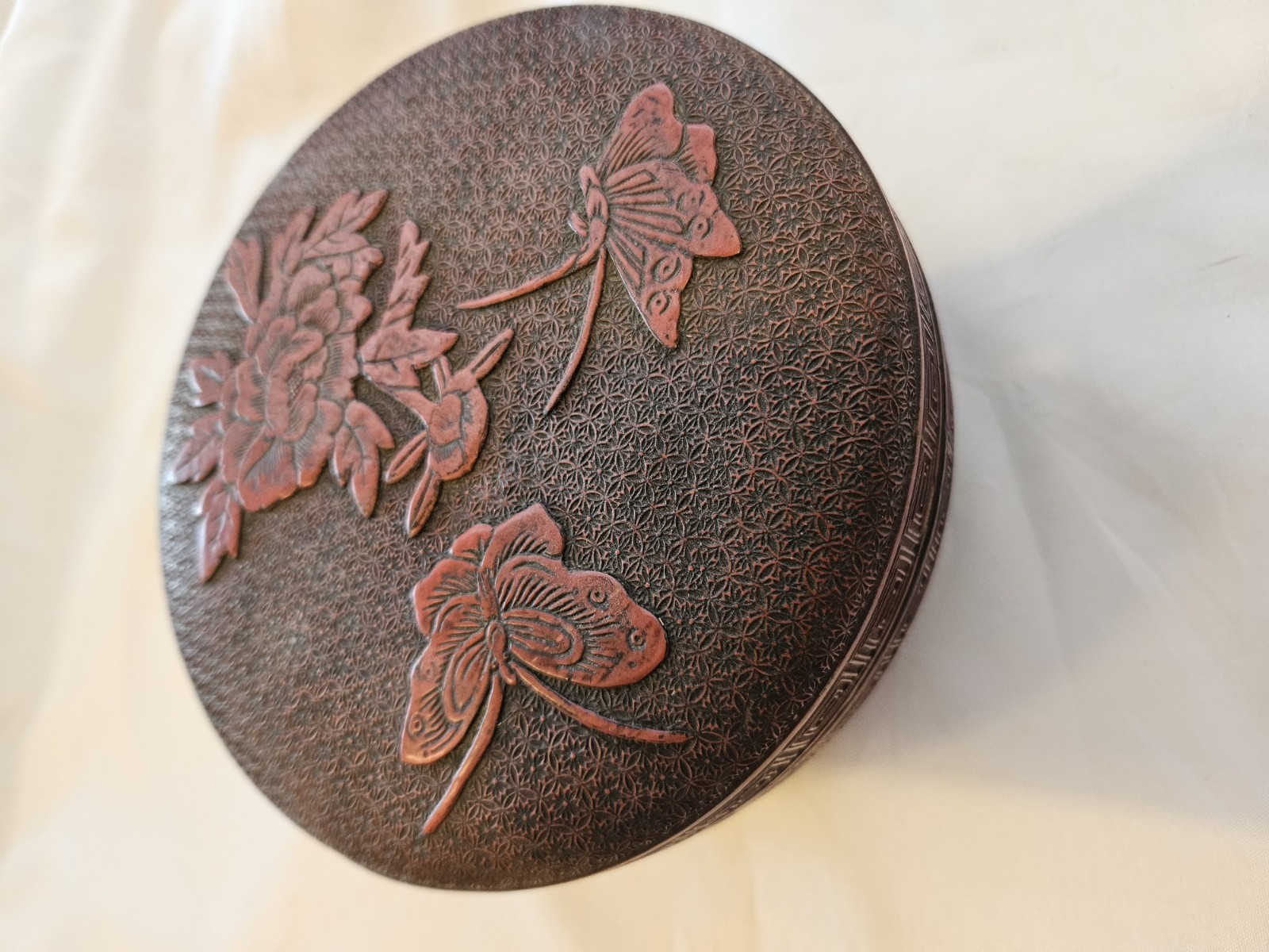 Vintage Japanese Chinese Asia Laquer Jewelry Box Round Antique Cinnabar (#G)
