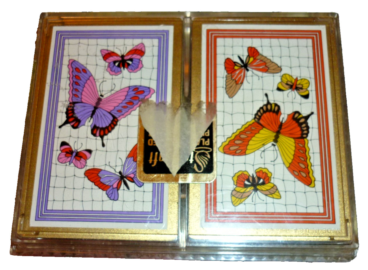 Vintage Stancraft Elegance Playing Cards Double Deck Butterfly Lucite Case Gold