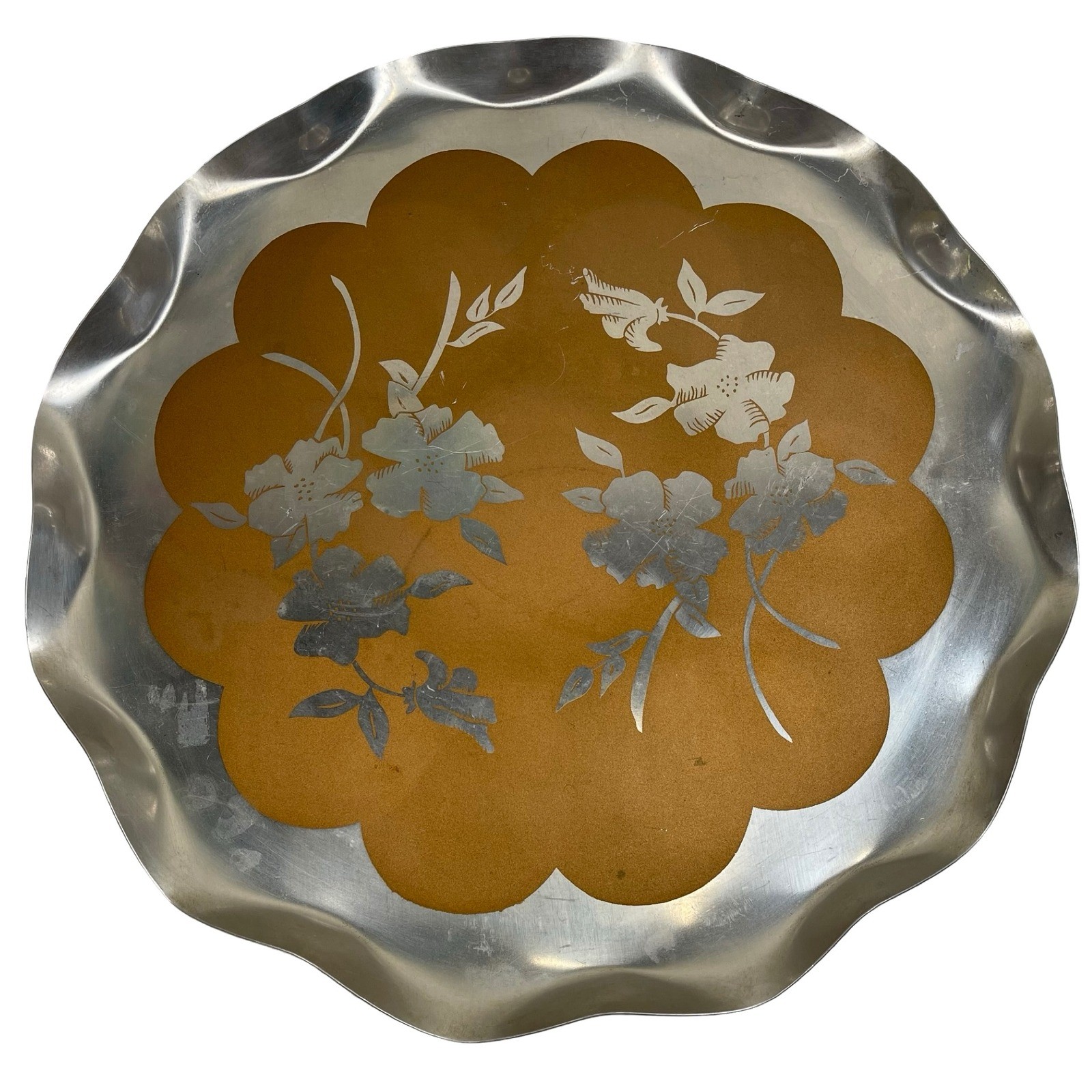 Vintage Floral Scalloped Aluminum Serving Tray Silver Gold Tone MCM 13\