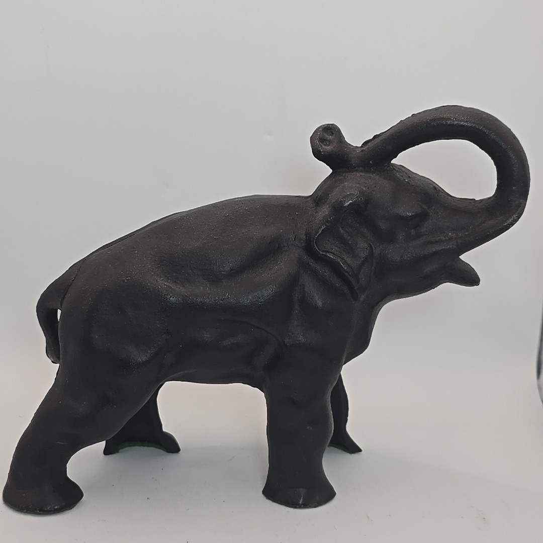 Vintage Cast Iron Good Luck Elephant Trunk Up Bank Doorstop Decor Statue