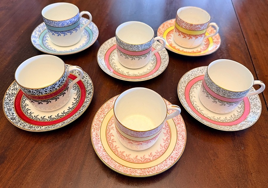 Antique Edwin J D Bodley Burslem Demitasse Cups Saucers Harlequin Set Victorian