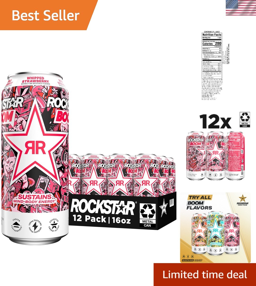 Boost Your Energy with Rockstar Boom - Whipped Strawberry, 12 Cans, 16 Fl Oz Boost Your Energy with Rockstar Boom - Whipped Strawberry, 12 Cans, 16 Fl Oz