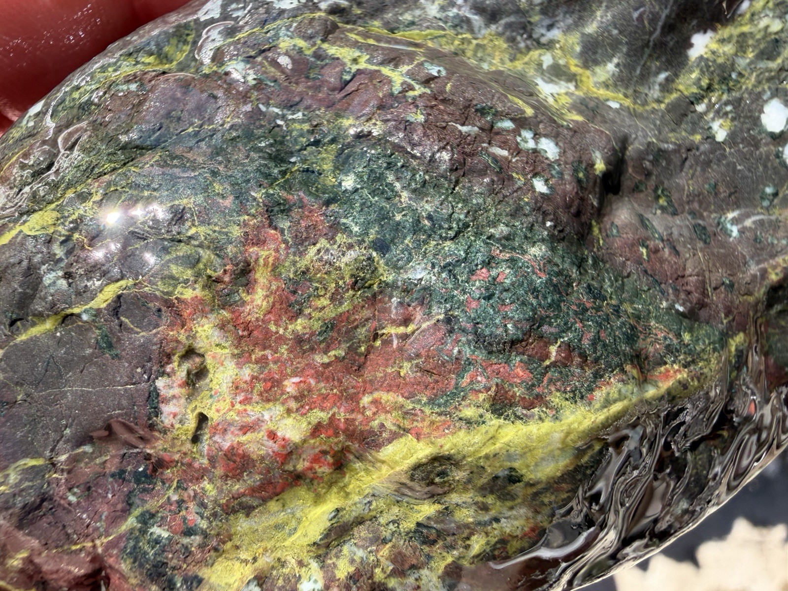 Large Green Red River Rock Yellow Veins White Spots Natural Mineral Specimen