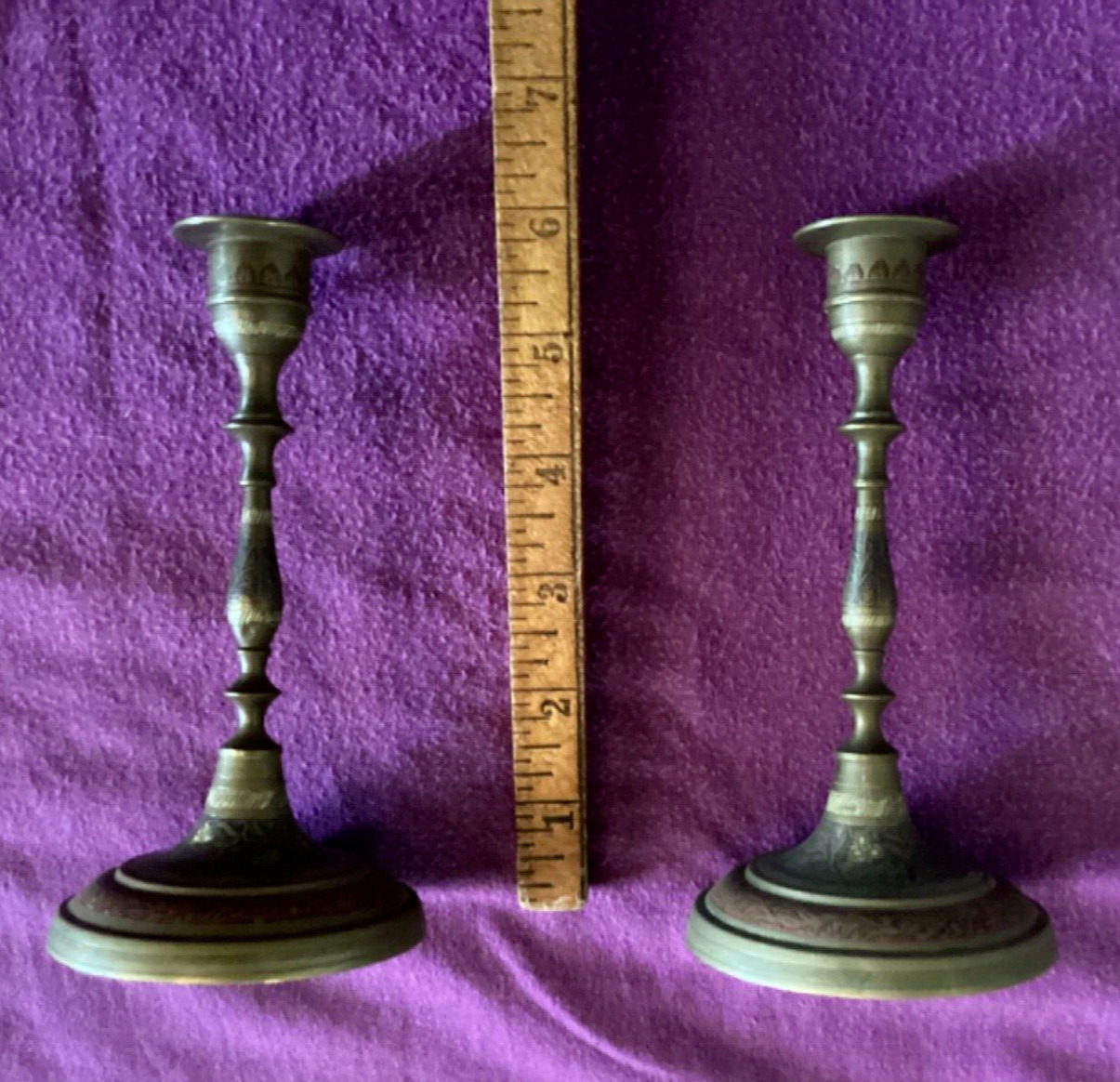 Vintage Pair ETCHED ENAMELED ORNATE Brass Candlesticks  Made In India 5 3/4\
