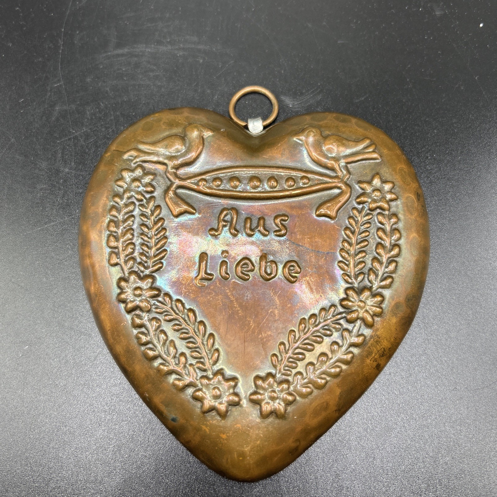 Vintage Hammered Hanging Copper Plated Heart Birds Floral Wreath AUS LIEBE Love