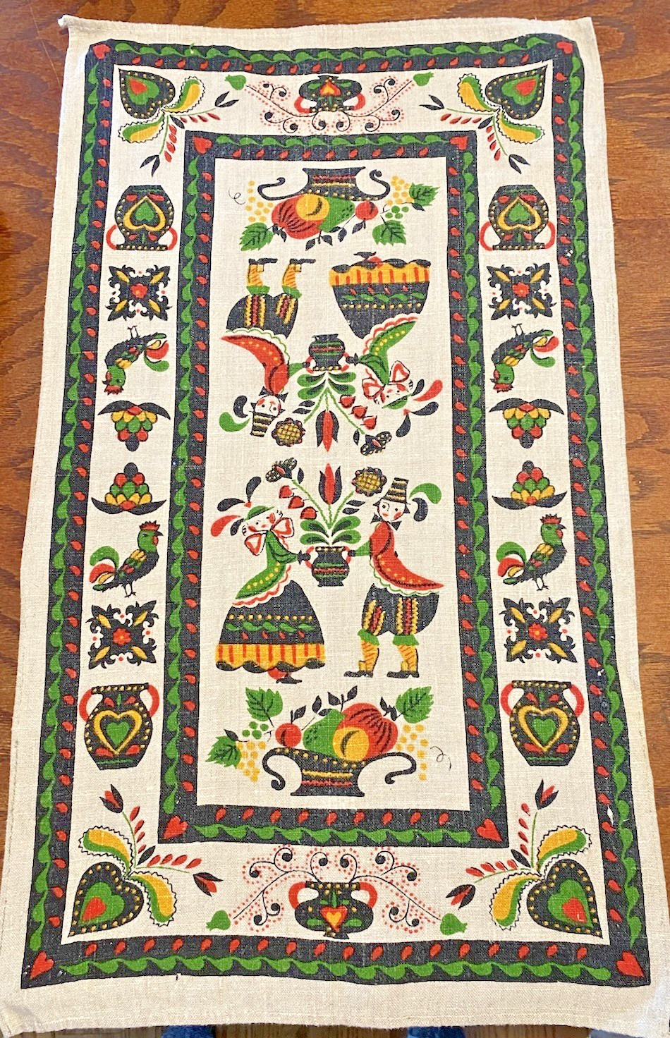 Vtg Mid Century Pennsylvania Dutch FOLK ART Tea Towel 1950s Linen Retro Kitchen
