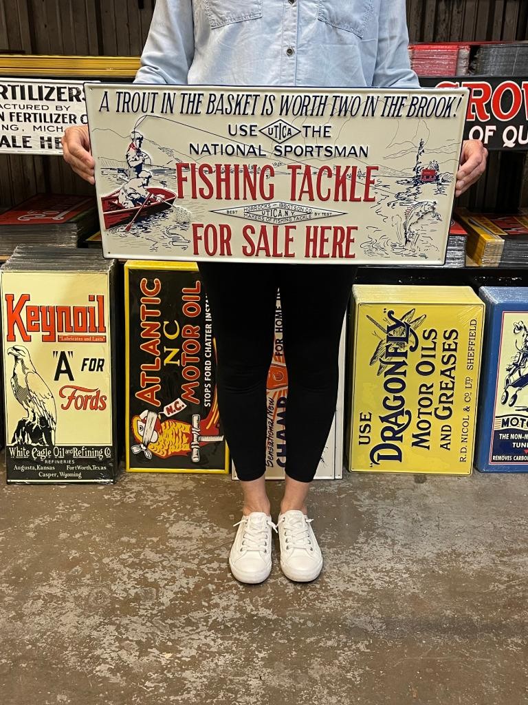 Antique Old Vintage Style Metal Sign Utica Fishing Tackle 24x12 Made in USA