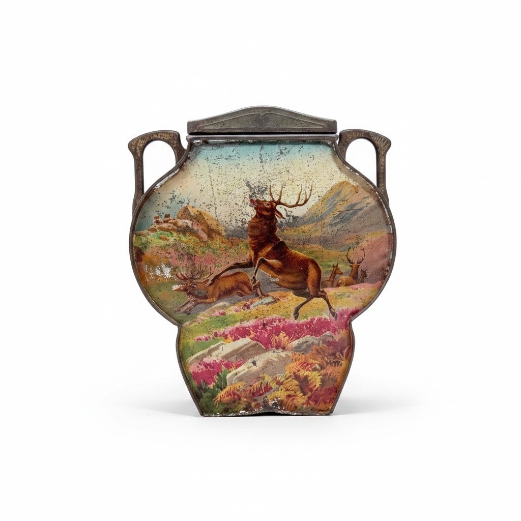 Antique John Buchanan Glasgow Tin Urn Vase Shape Scottish Stag Dutch Scene 9.75H