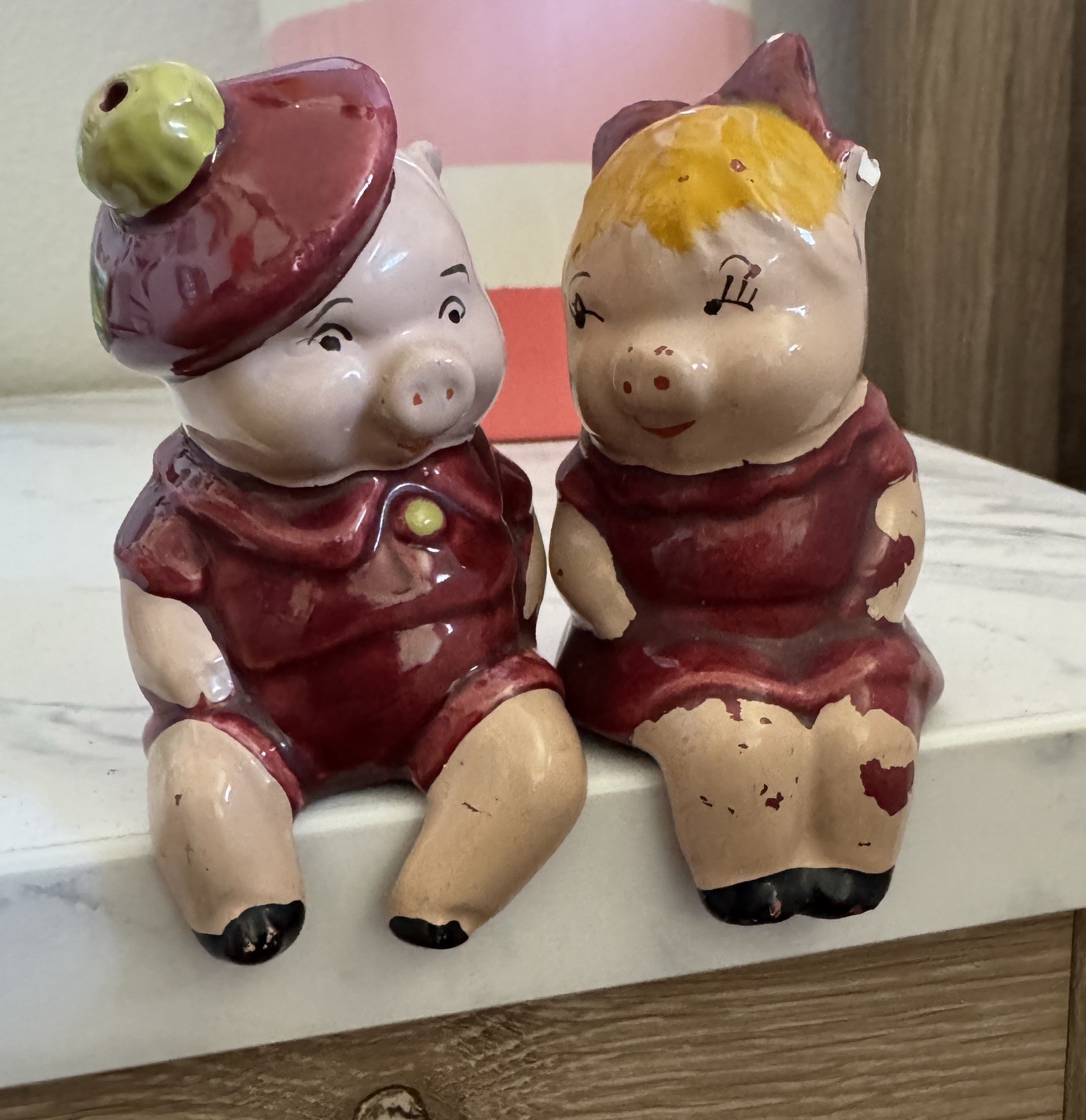 Vintage Ceramic Girl And Boy Pig Couple Shelf Sitters Anthropomorphic Appraised Vintage Ceramic Girl And Boy Pig Couple Shelf Sitters Anthropomorphic Appraised