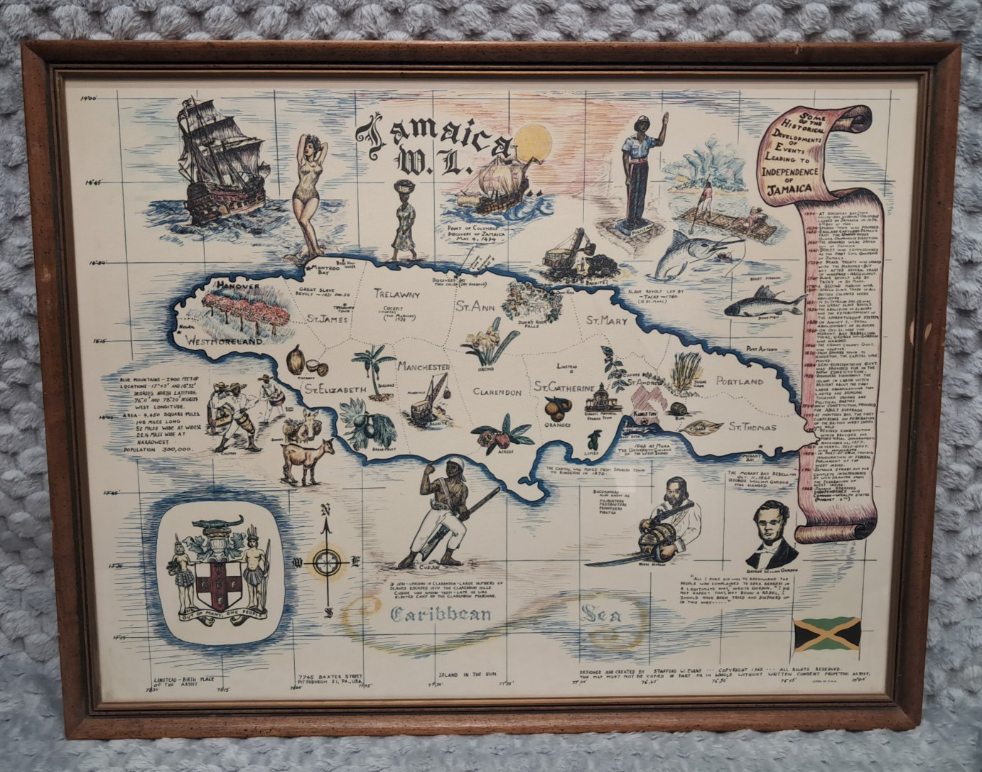 VTG 1962 Pictorial Map of Jamaica by Stafford W Evans Lithograph History Framed VTG 1962 Pictorial Map of Jamaica by Stafford W Evans Lithograph History Framed