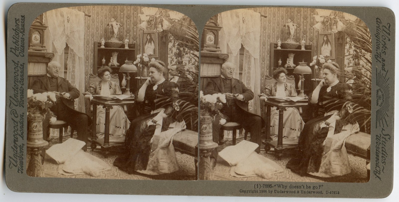 Why doesn't he go ? Pastor Visit , Victorian Room Vintage Photo Stereoview 1906 Why doesn't he go ? Pastor Visit , Victorian Room Vintage Photo Stereoview 1906