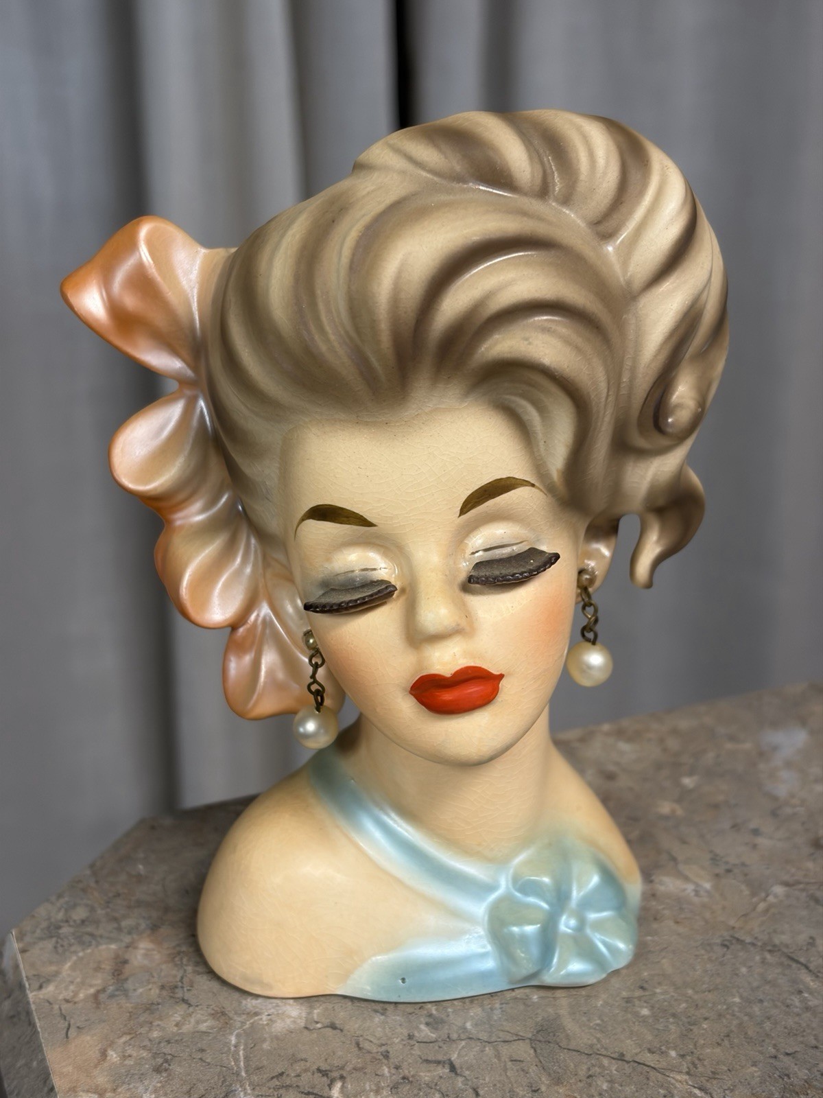 Vtg Enesco Pearly Girl Head Vase Planter Kitsch Teen Bow 6” Japan MCM 1950’s