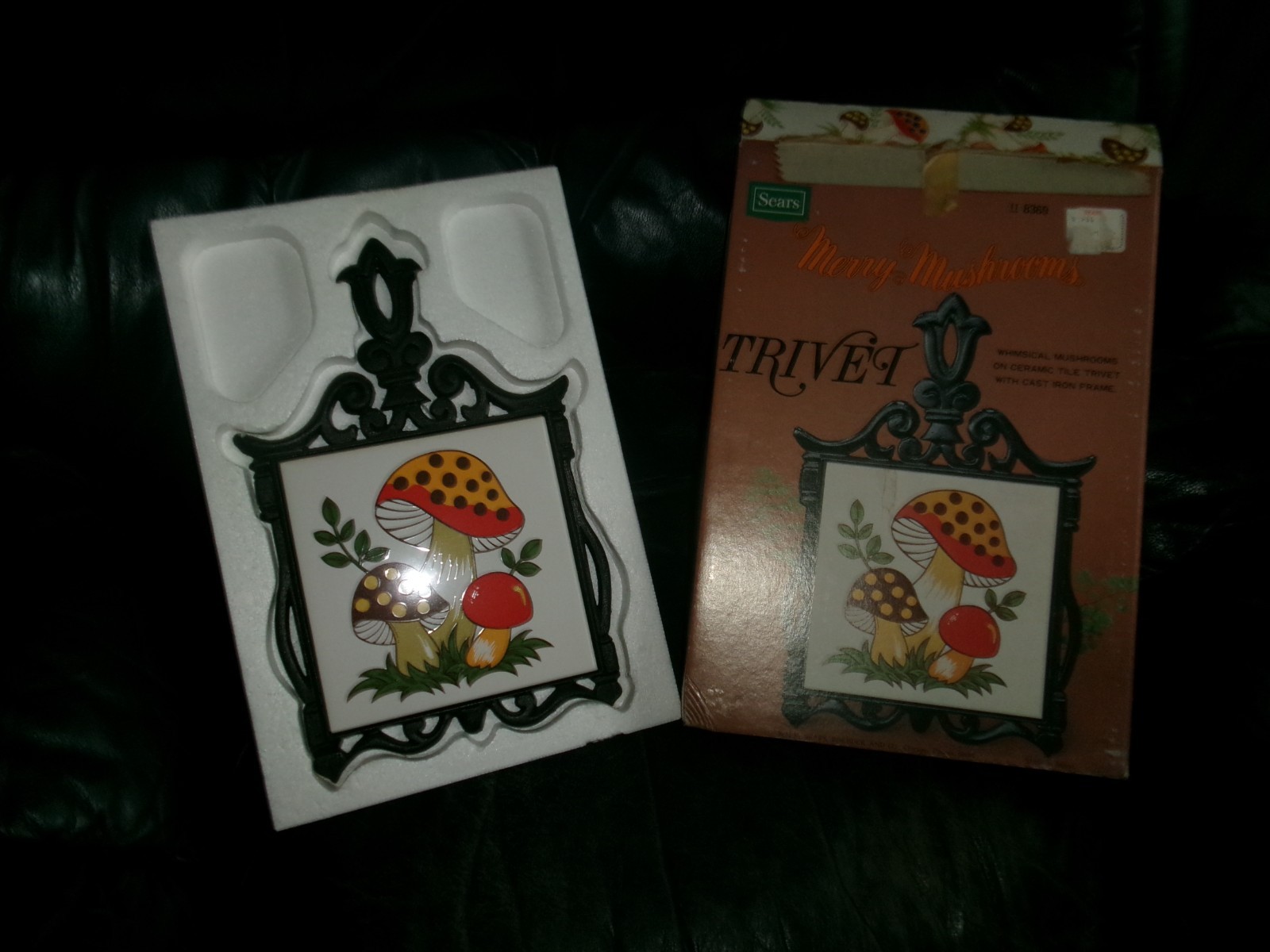 Vintage 70's Merry Mushroom Ceramic Cast Iron Trivet IN BOX Large 11 8369 Vintage 70's Merry Mushroom Ceramic Cast Iron Trivet IN BOX Large 11 8369