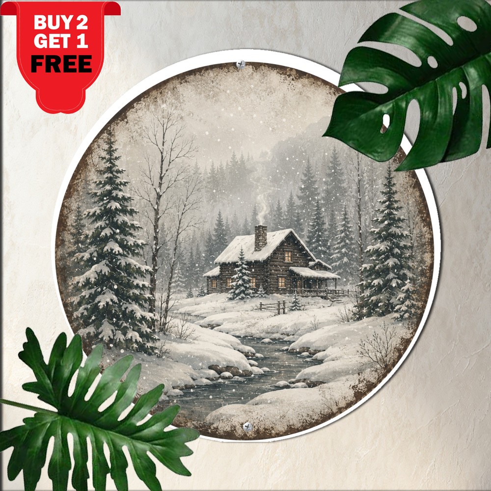 Winter Snow Scene Pine Trees Round Metal Sign Cozy Christmas Forest Wall Decor