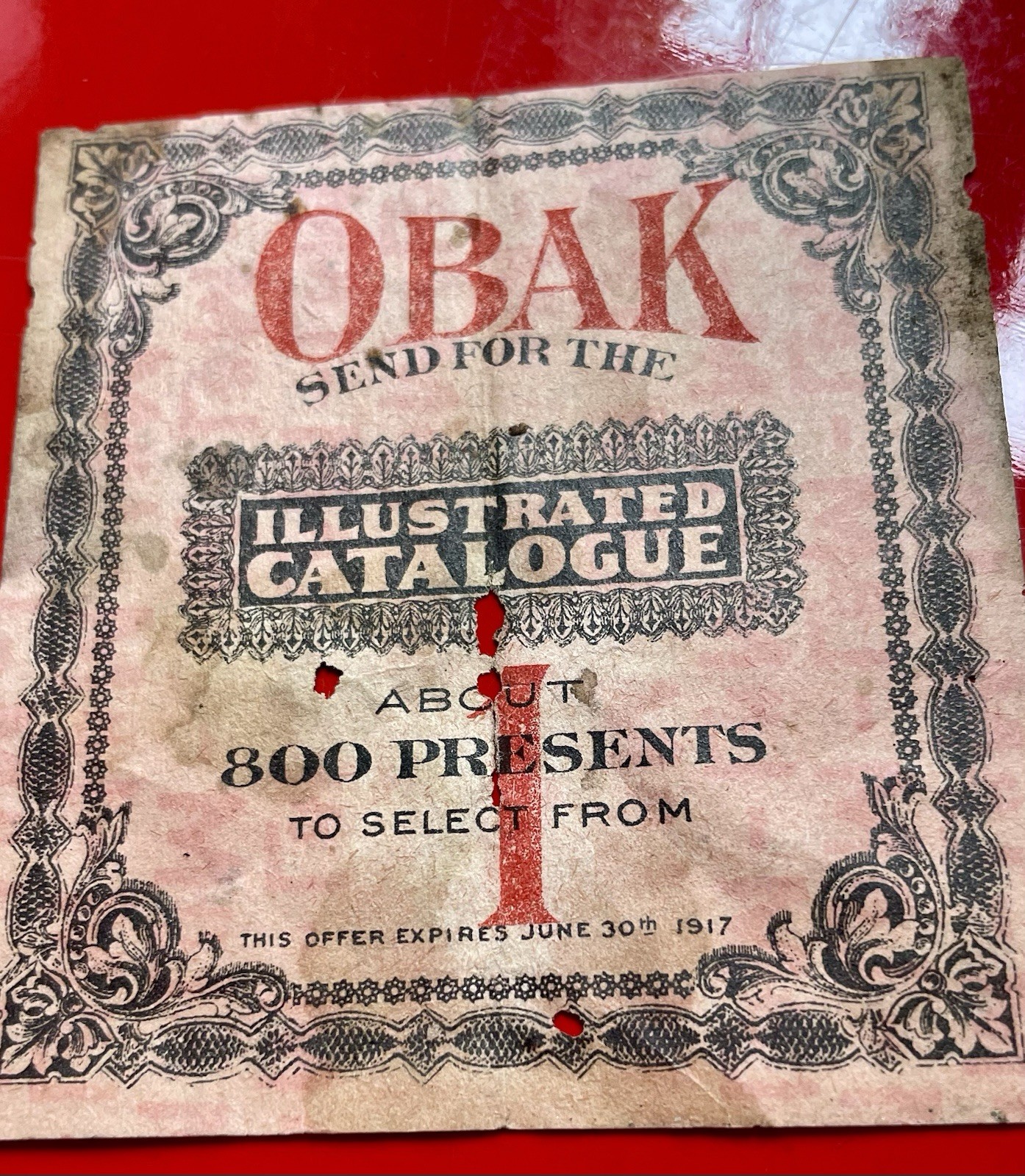 1917 OBAK CIGARETTES Tobacco Catalog Redemption Coupon.