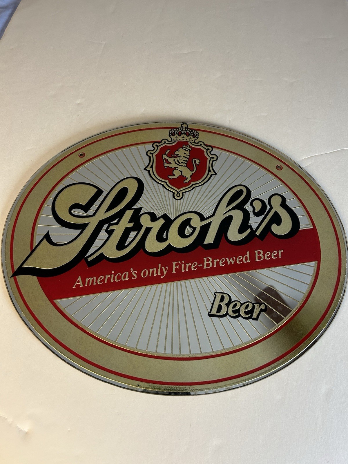 Vintage Stroh's Beer Oval Mirror Sign with original 14 by 12 inch