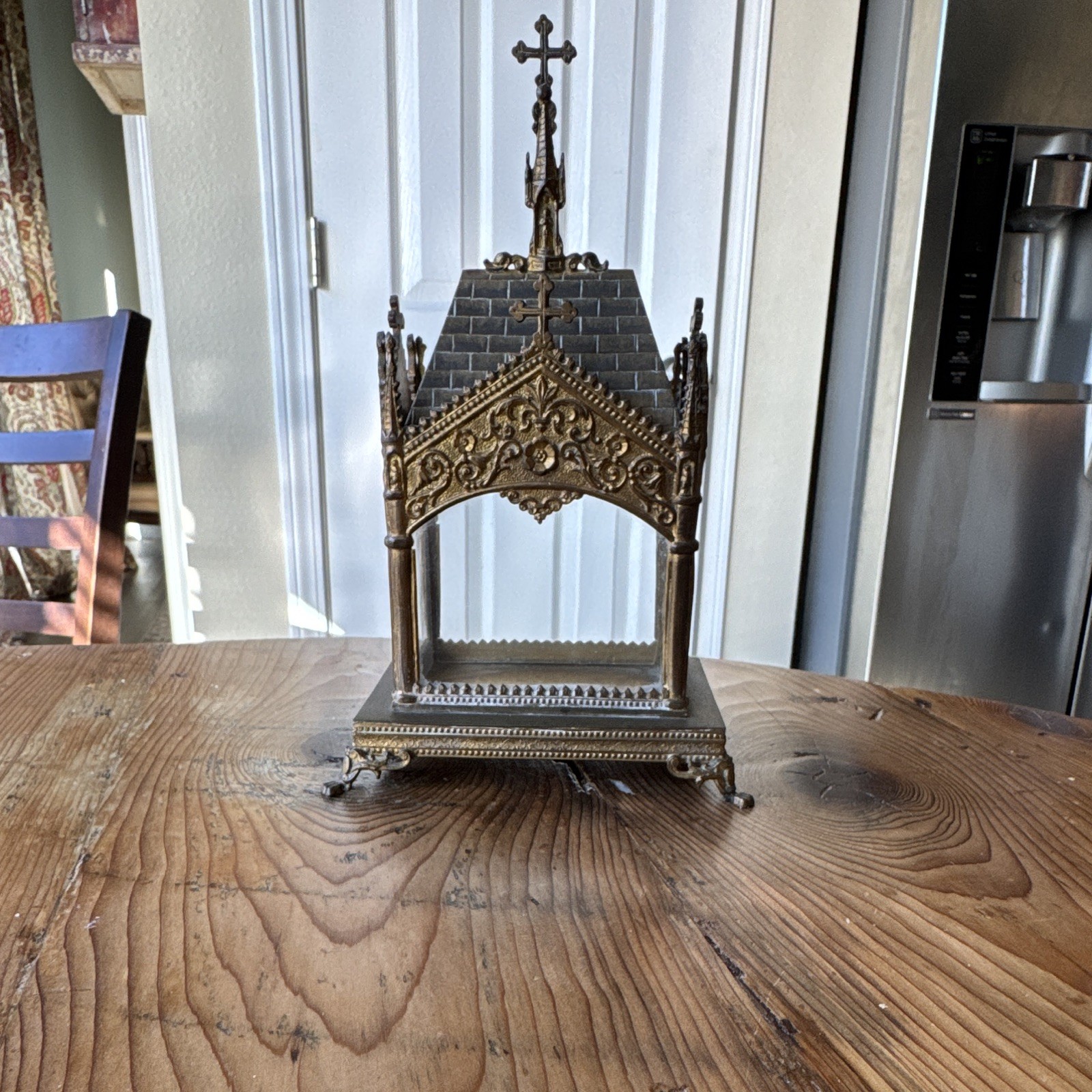 Antique 19thC Neo Gothic Church Brass Reliquary Shrine Chapel Box Intact Glass