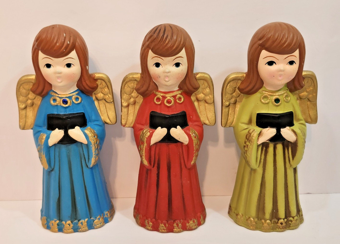 Vintage Ardco Singing Choir Christmas Angels Chalkware Red Green Blue Gold Japan