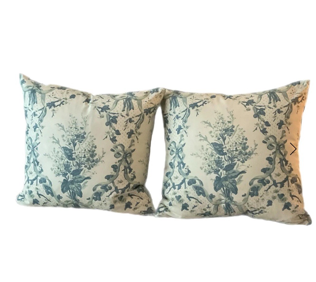 Pair Of Rich Pillow covers Colefax  Grandmillennial Floral Blue Velvet Backs