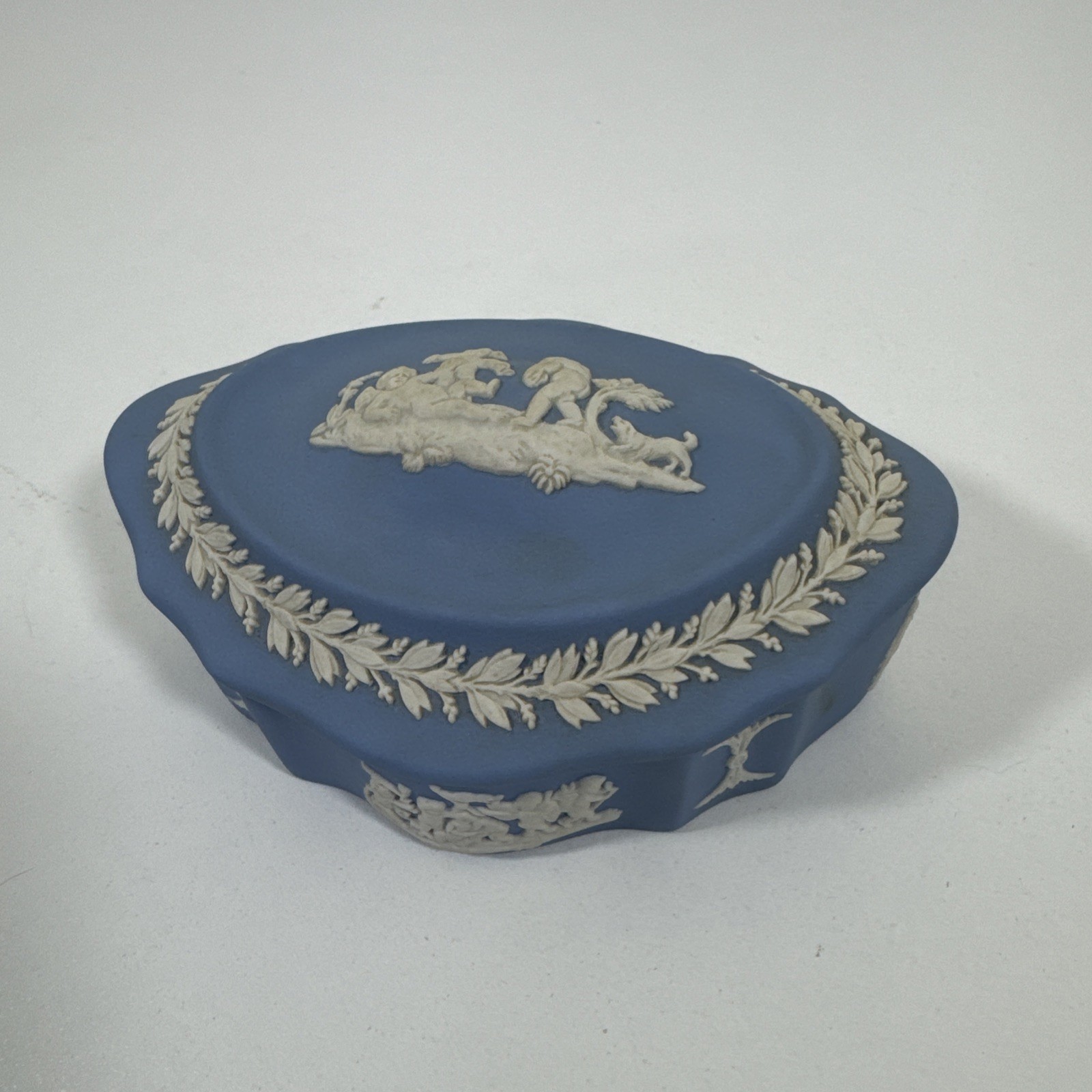 Vintage Wedgewood Jasperware Blue Oval Trinket Box with Lid 4.5” x 3.25”