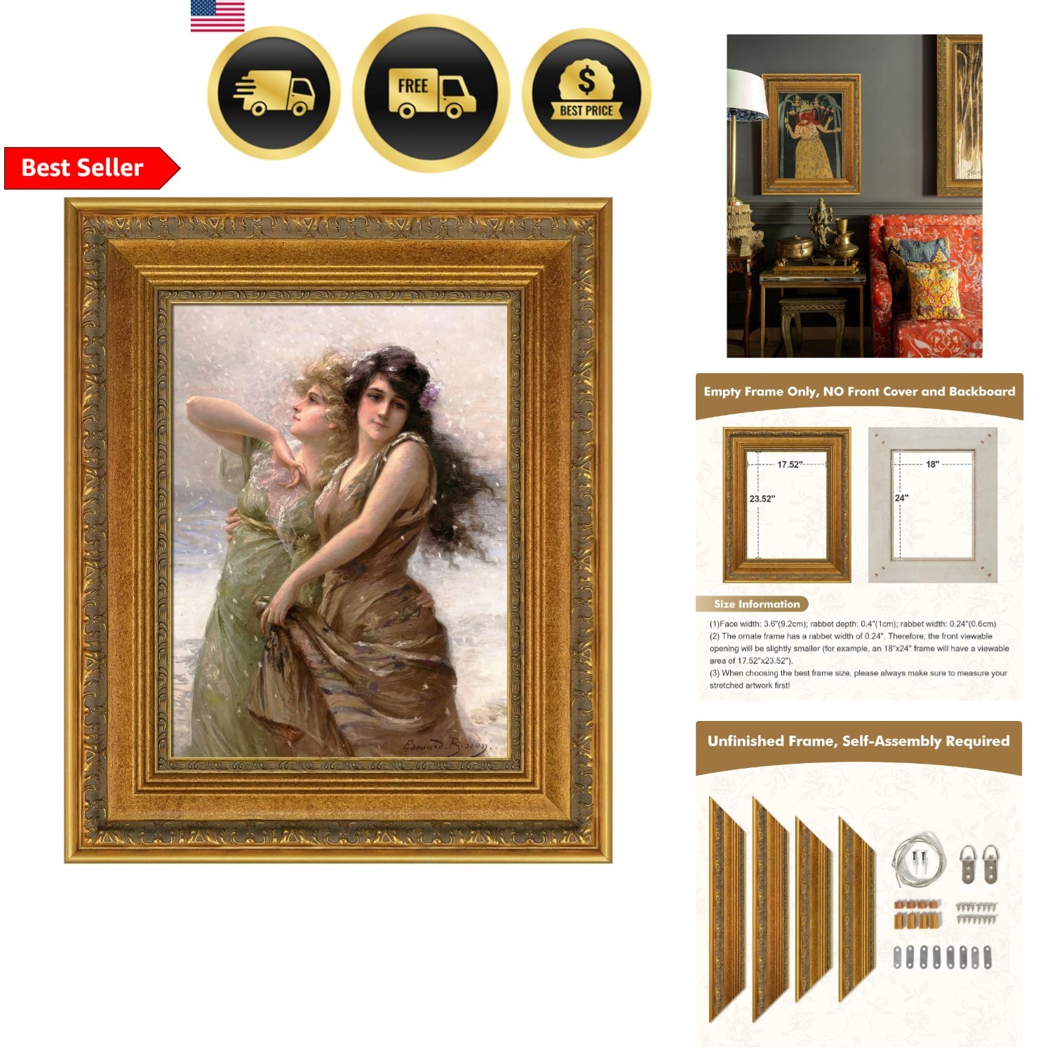 Antique Gold Frame for Canvas 20x24 Vintage Rustic Artwork Wall Decor