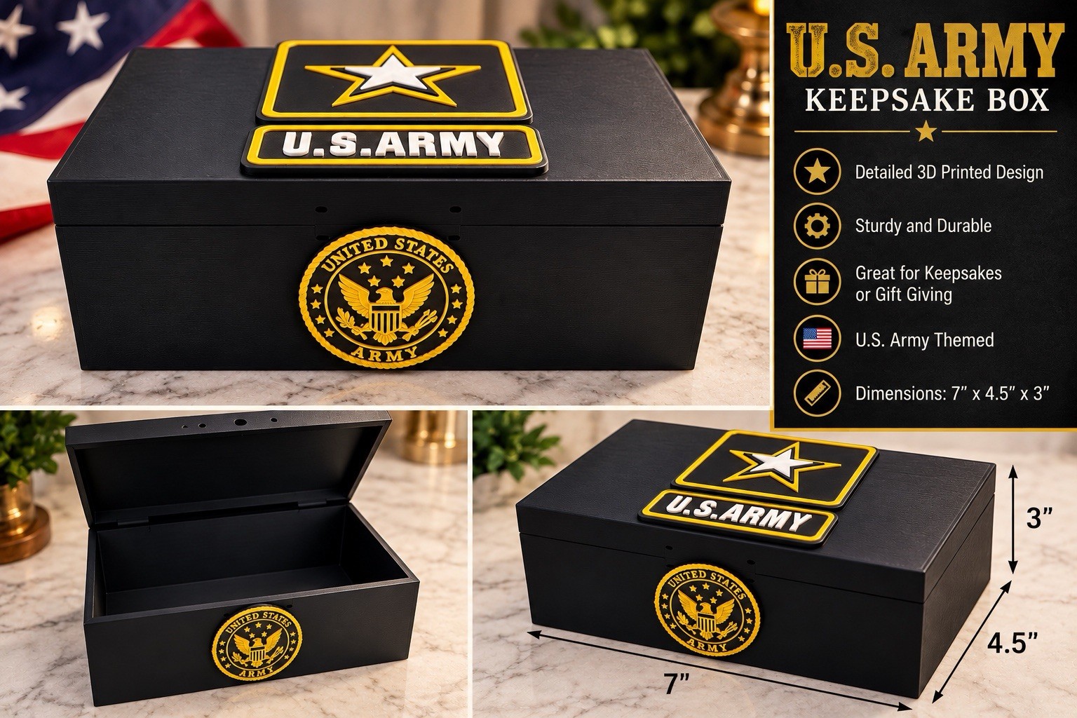 U.S. Army Keepsake Box 3D Printed Military Veteran Gift Memory Box 7x4.5x3