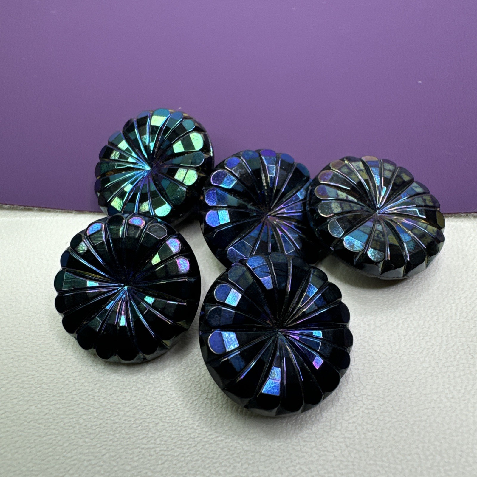 Vintage Buttons AB Black Glass Aurora Borealis Lot of 5