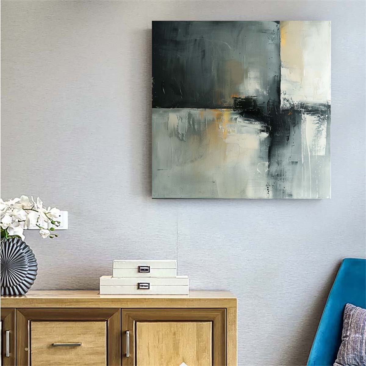 large abstract hand painted oil painting on canvas art Gray White 31in