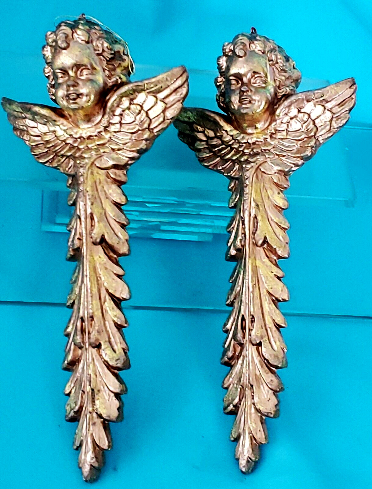 TWO ANTIQUE-INSPIRED METALLIC GOLD ORNATE CHERUB CHRISTMAS ORNAMENTS PLASTIC 9 TWO ANTIQUE-INSPIRED METALLIC GOLD ORNATE CHERUB CHRISTMAS ORNAMENTS PLASTIC 9