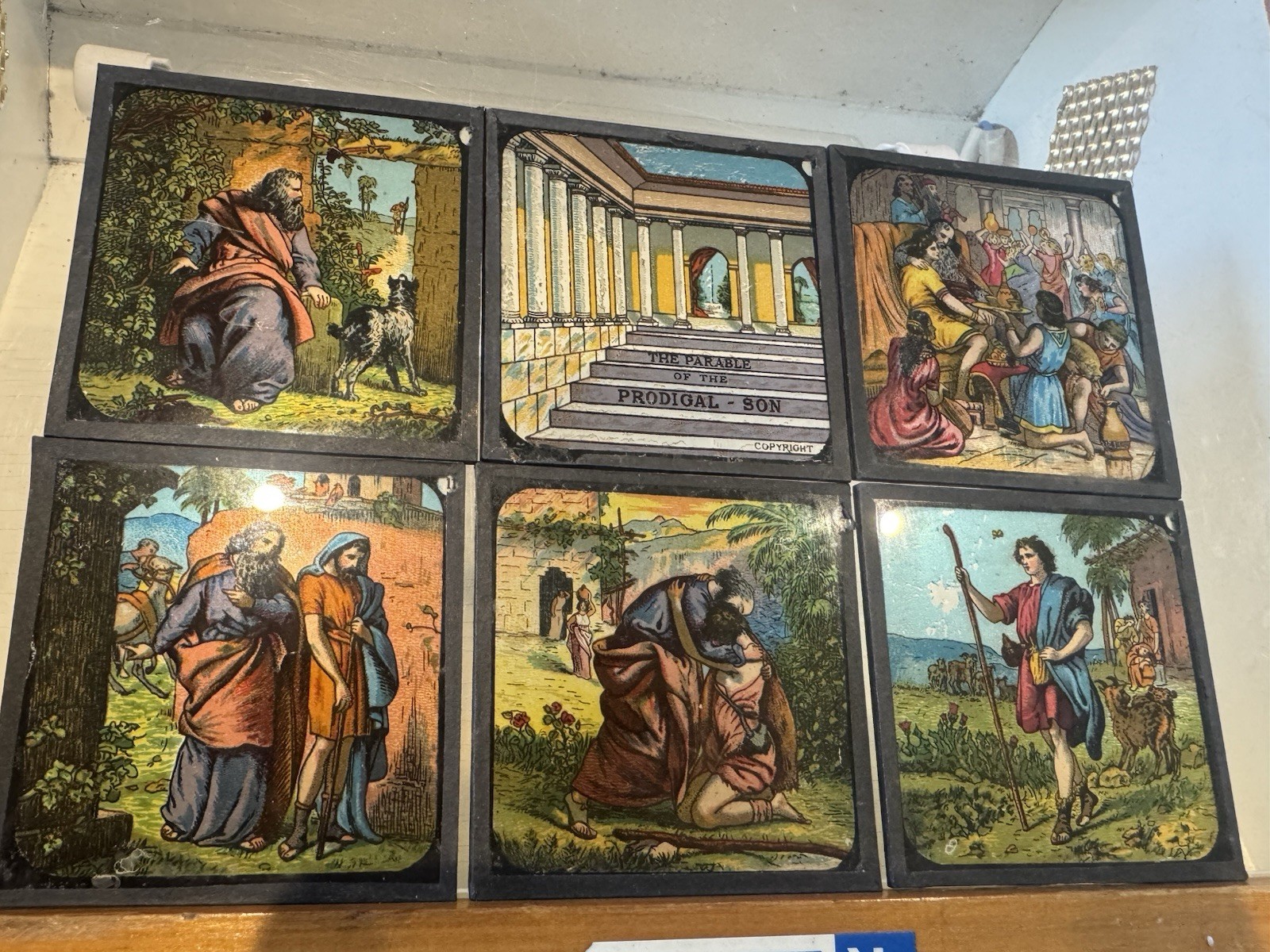 Rare 6 Victorian Magic Lantern Glass Slides The Parable of the Prodigal Son” Set