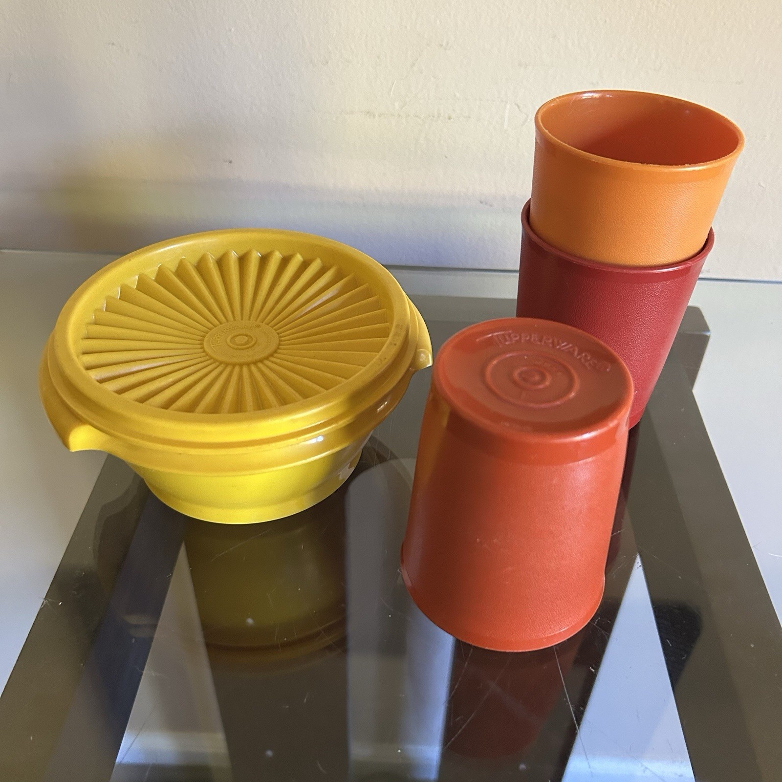 Vintage Tupperware Harvest Orange Yellow Bowl with Sunburst Lid + 3 Tumblers Set