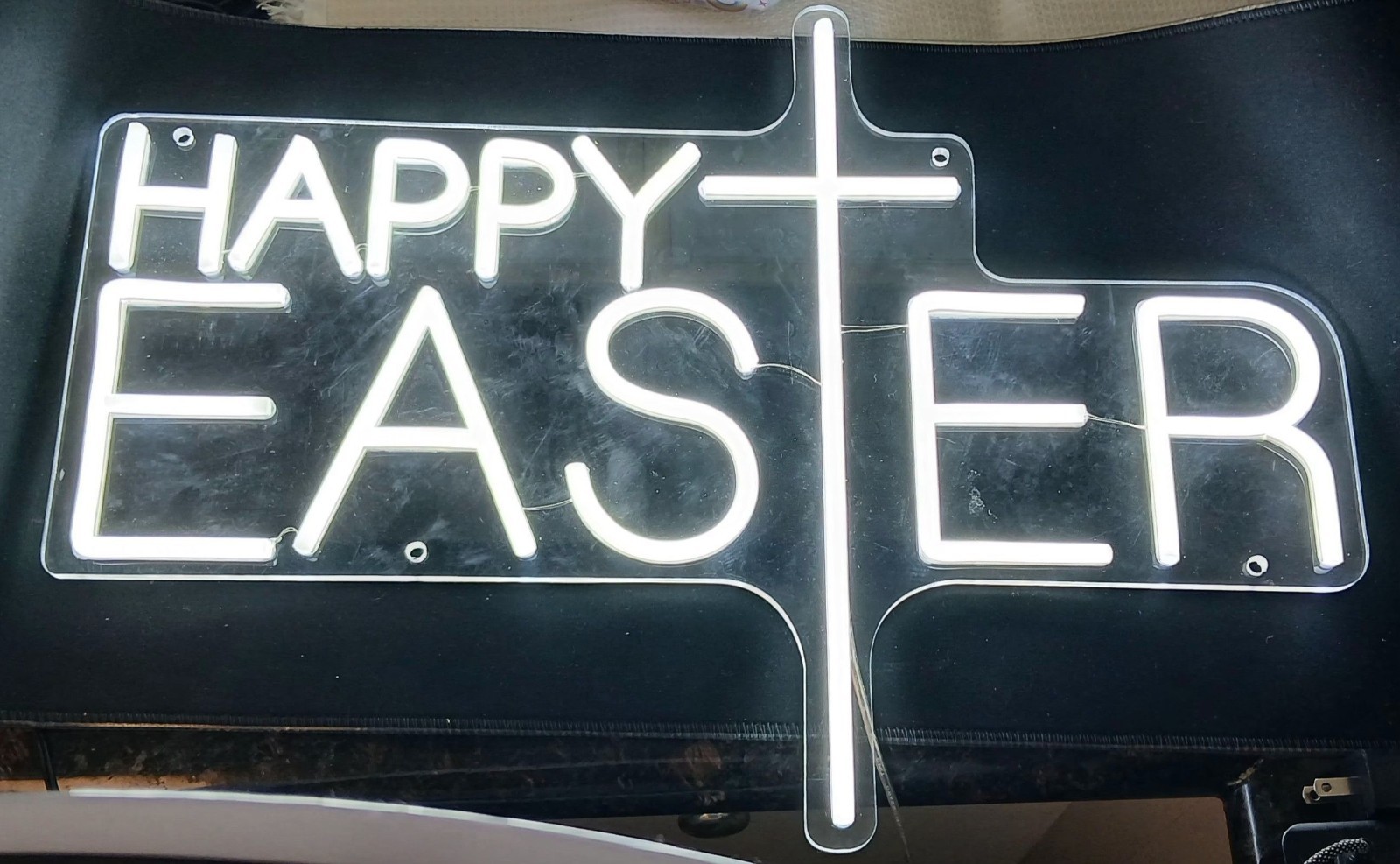 Happy Easter LED Neon Acrylic Vinyl White Lights Sign Bonus Cross Heart Keychain