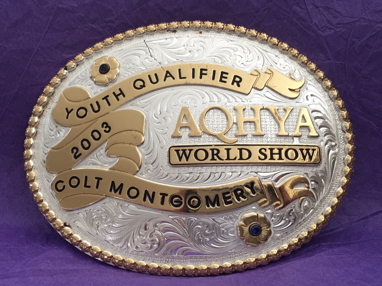 SALE  Vintage HUGE NOS 2003 AQHYA Youth World Show Montana SS Trophy Belt Buckle