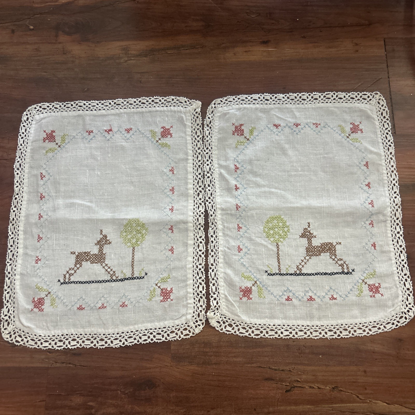 VTG 2 Hand Embroidered Linen Doilies Cross Stitch Deer Folk Art 10x12 Retro