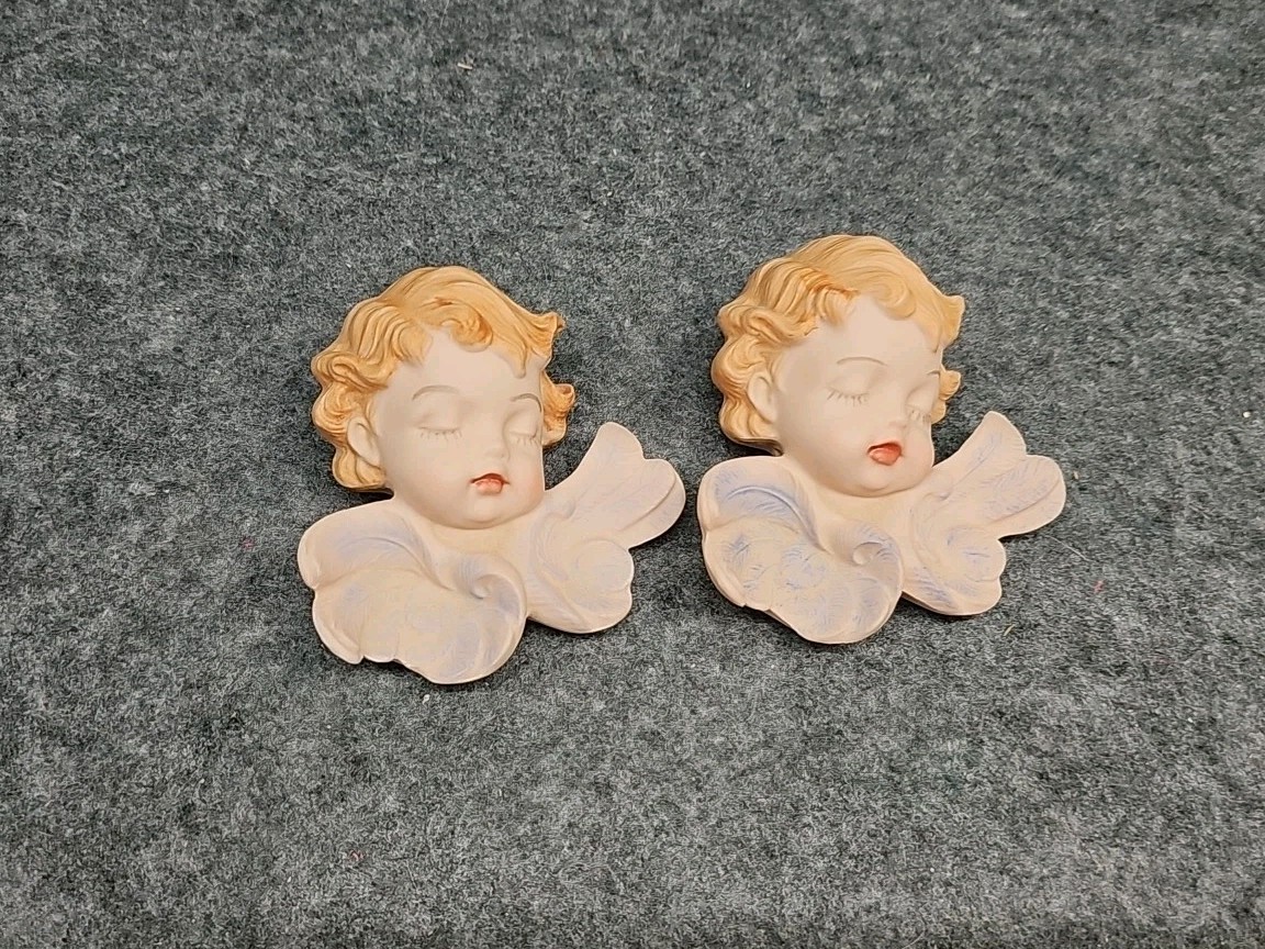 Vintage 1987 Scioto Ceramic Angel Cherub Wall Hangings Set Of 2 Sleepy Babies