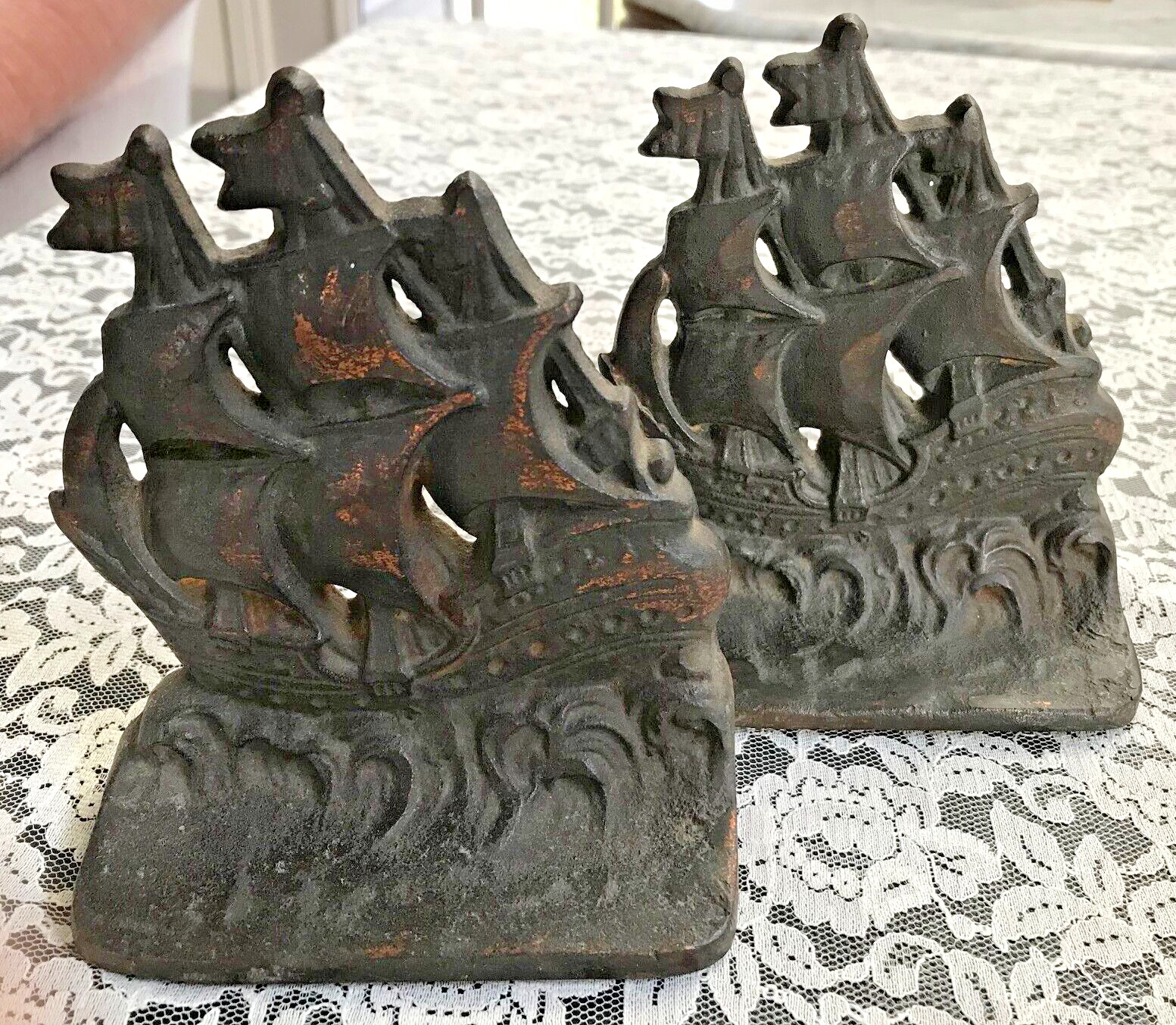 Antique Bronze Bookends 1920s Spanish Galleons Aged Patina