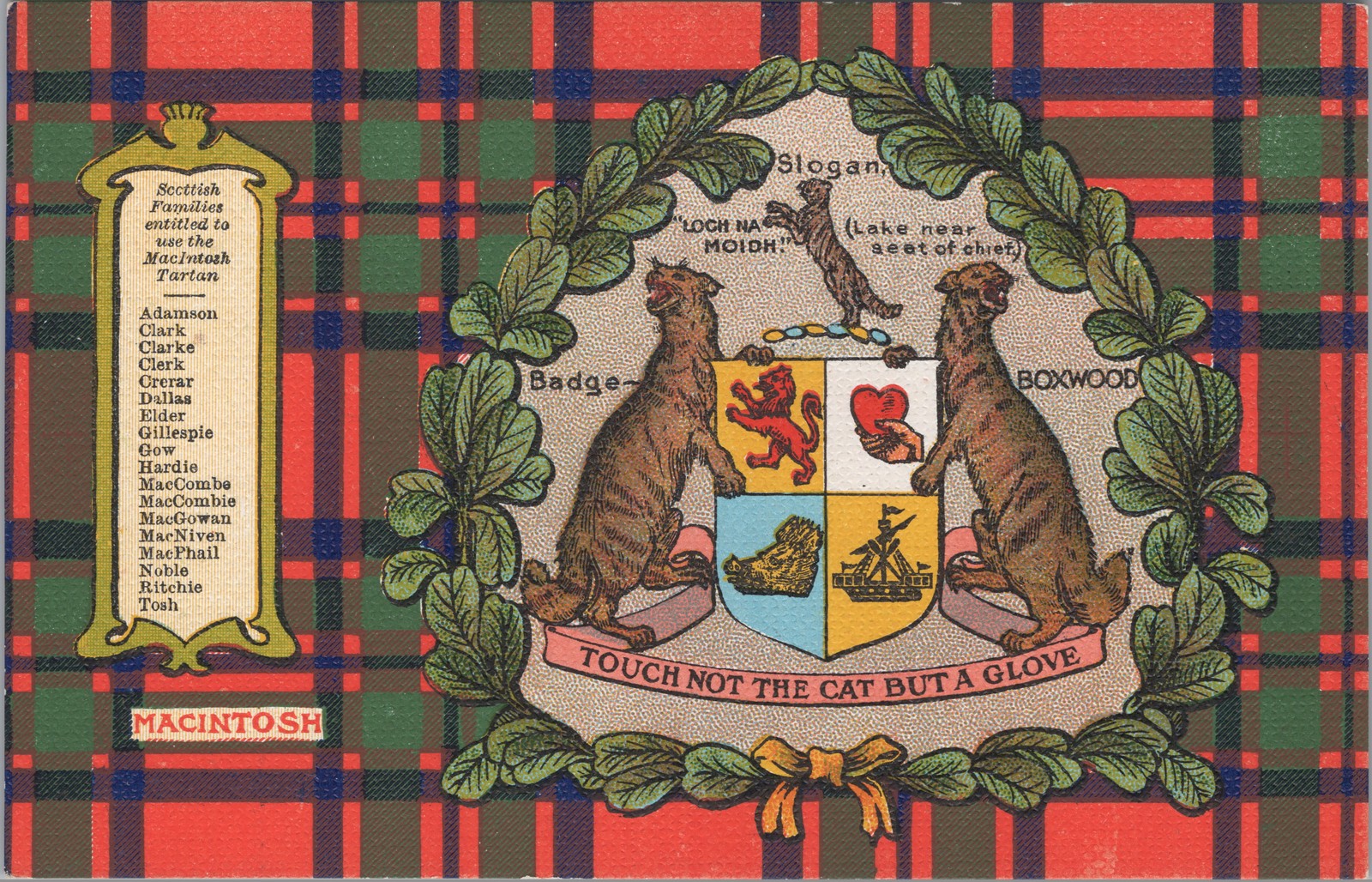 Clan MacIntosh Tartan Crest Postcard Scottish Coat of Arms W&A K Johnston
