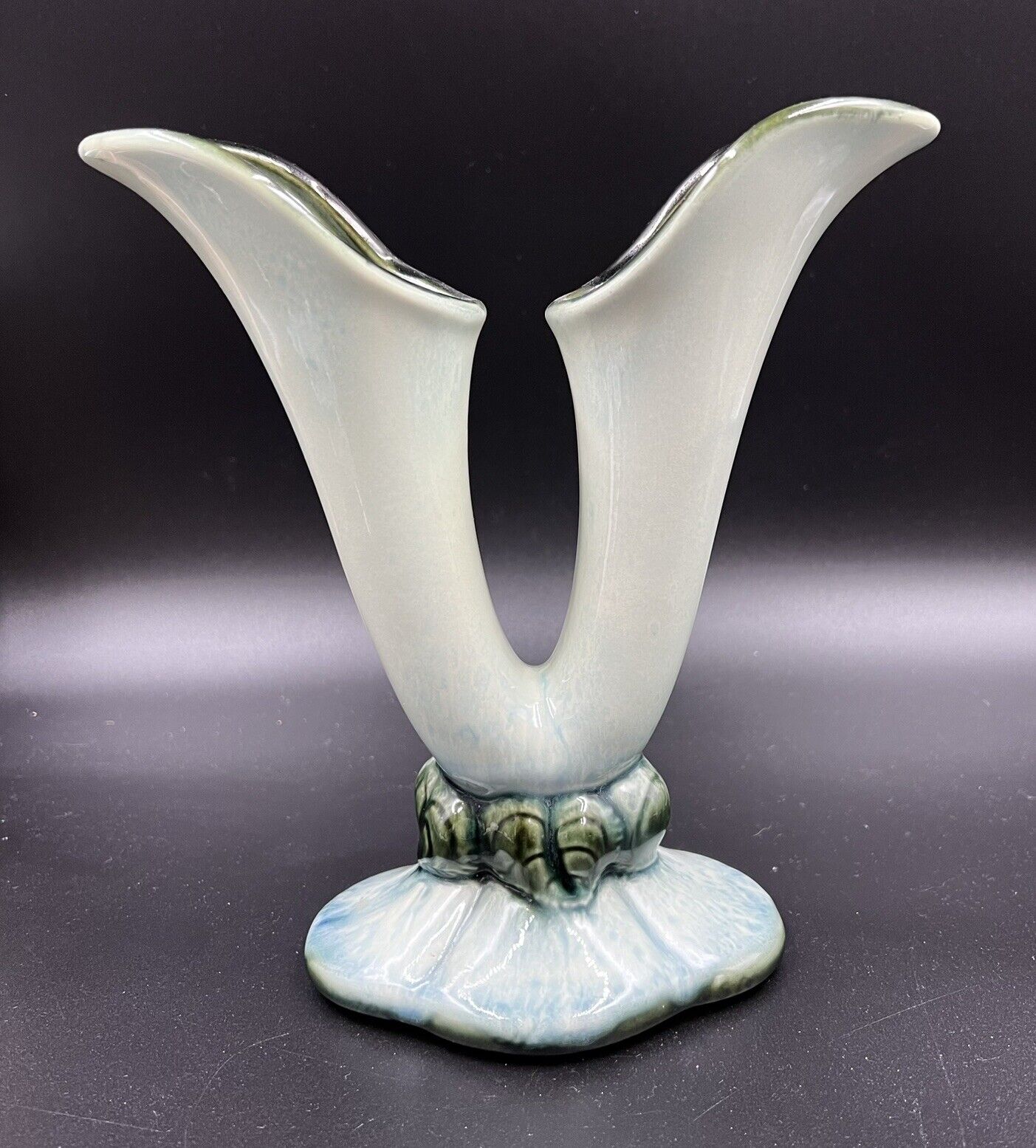 Hull Green Woodland Double Horn Bud Vase, Approx. 9” Tall Novelty Line