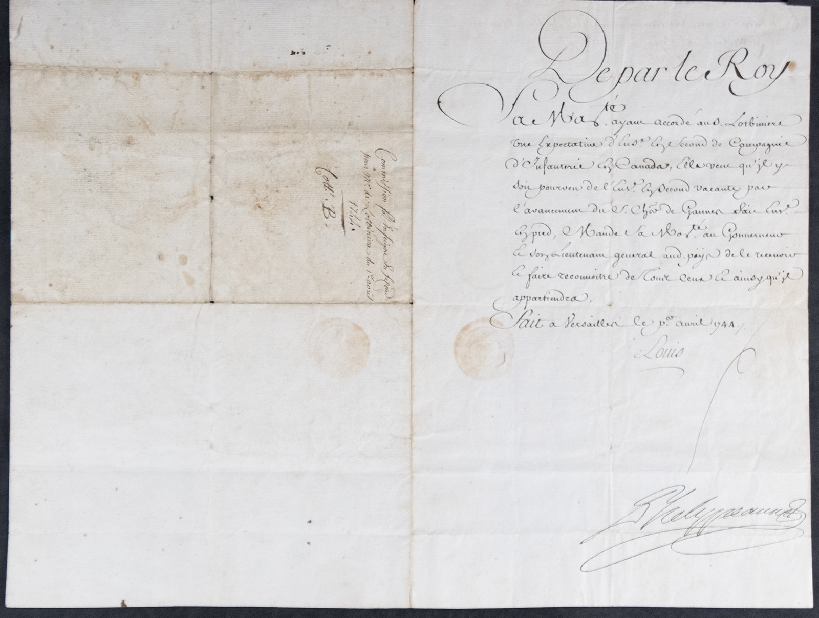 KING LOUIS XV (FRANCE) - DOCUMENT UNSIGNED 04/01/1744