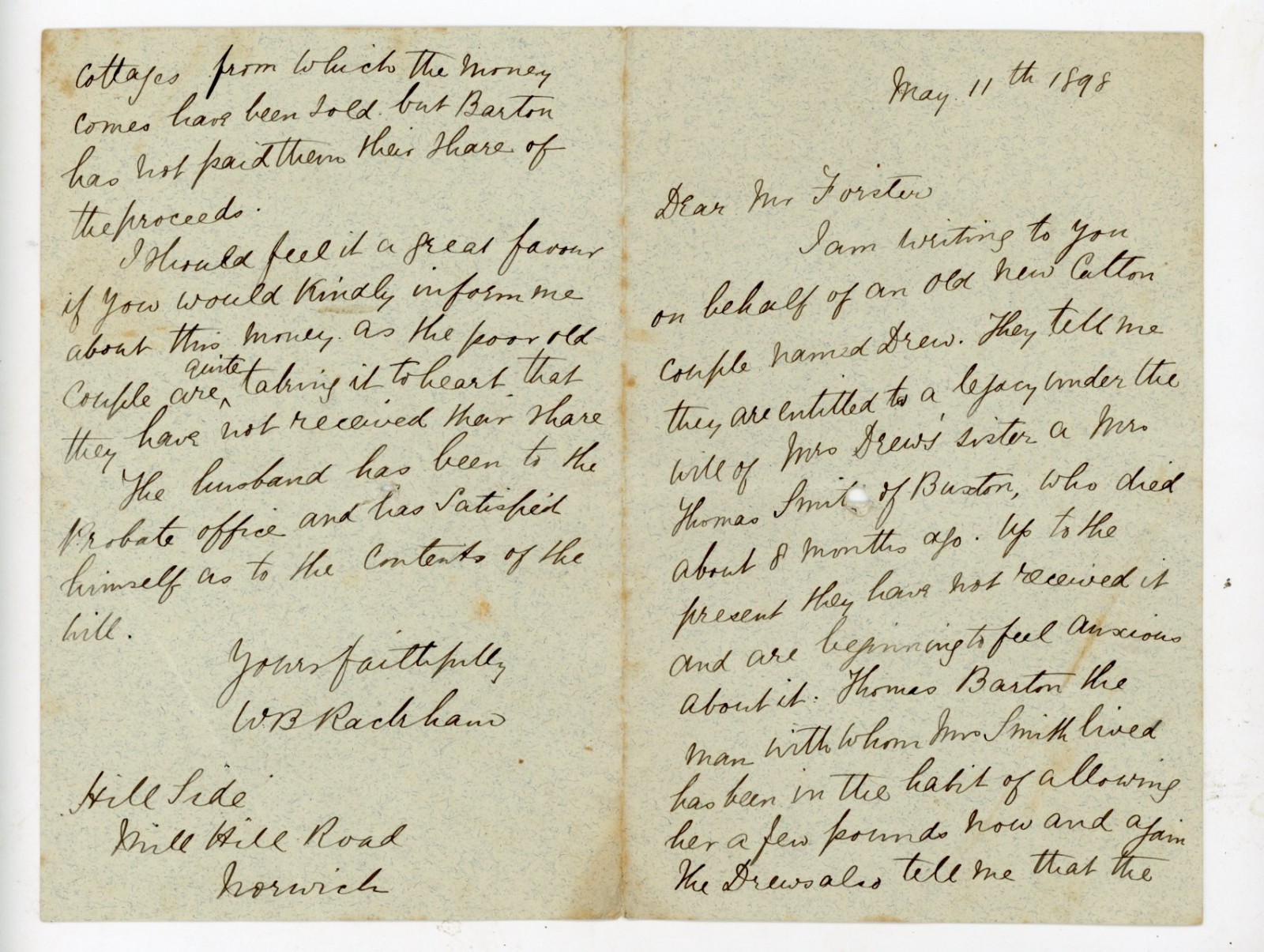 Antique Victorian Handwritten Letter May 11, 1898 W.B. Rackham Norwich Norfolk