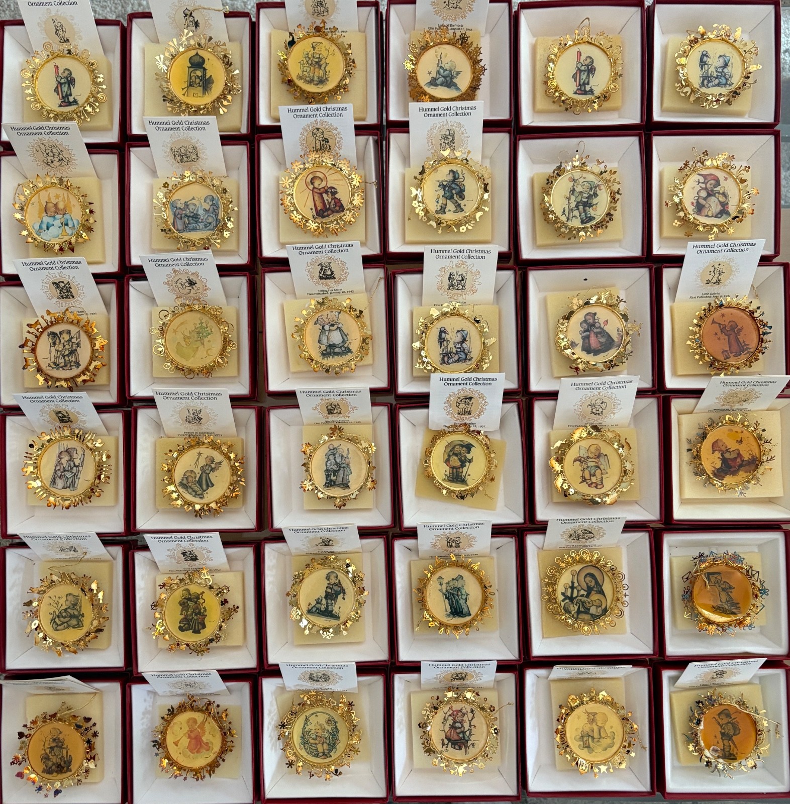 Vintage Set of 36 The Hummel Gold Christmas Ornament Collection W/ Boxes