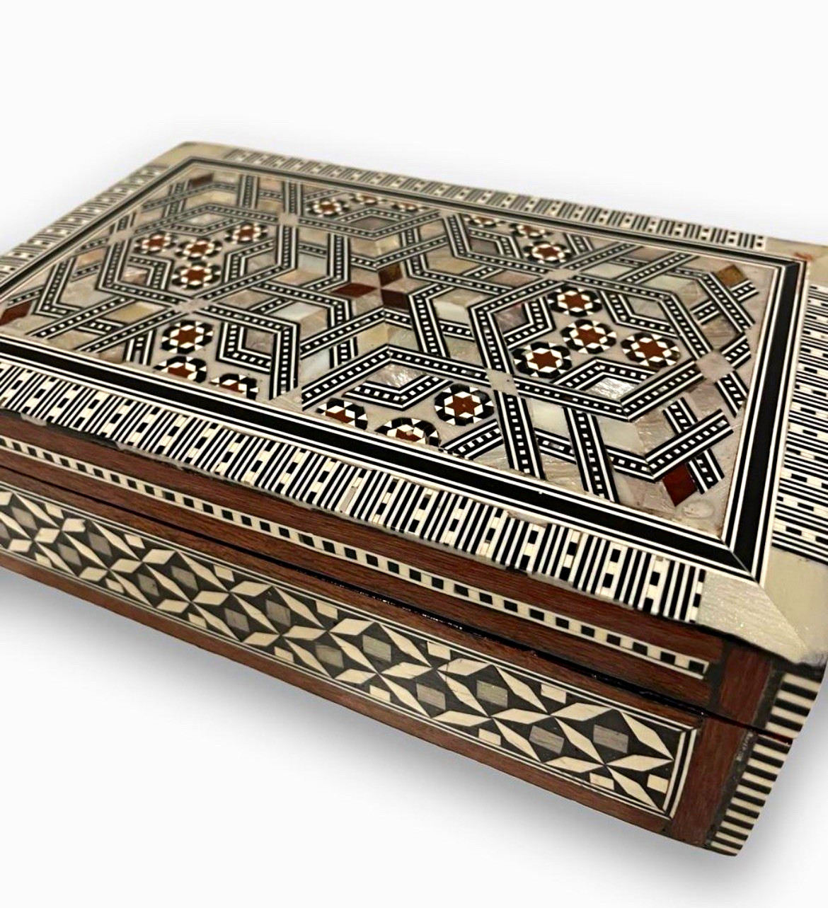Vintage Handcrafted Mother of Pearl Mosaic Inlay Wood Jewelry Box 8x5x2.5”