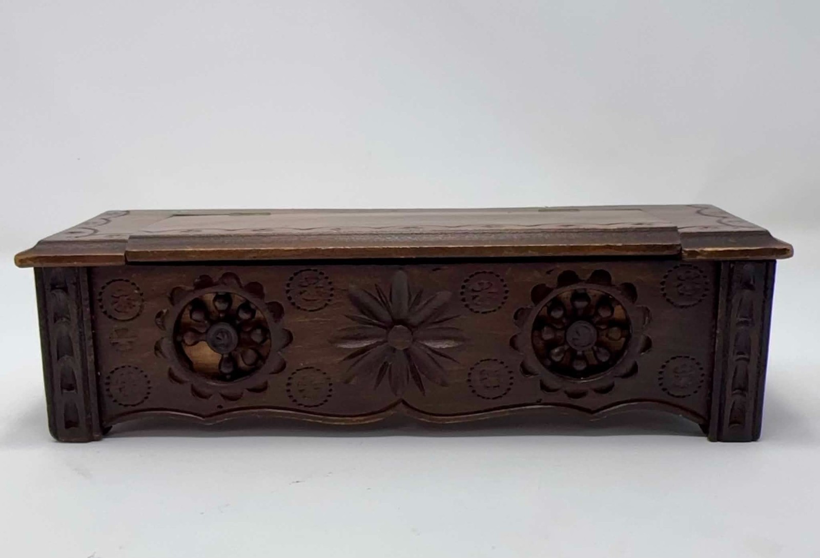 Vintage Hand Carved Wooden Folk Art Keepsake Box Hinged Lid Floral Rustic 9.5 Vintage Hand Carved Wooden Folk Art Keepsake Box Hinged Lid Floral Rustic 9.5