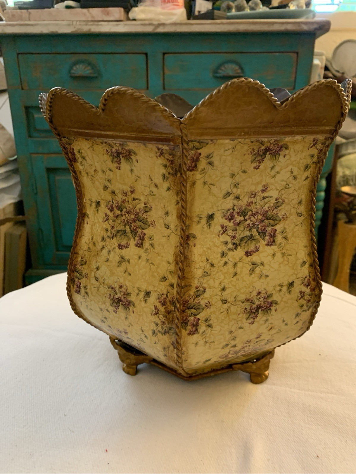 19th Century French Style Sheet Metal Cachepot Wastebasket Planter Flowers 
