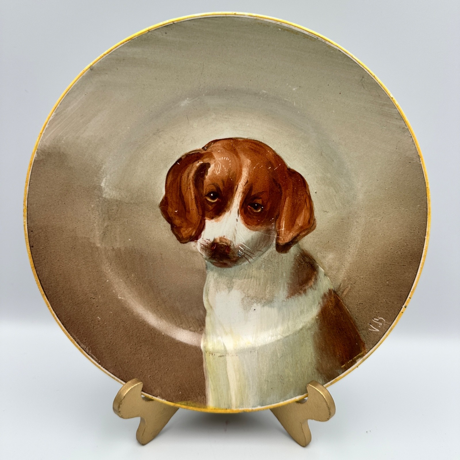 Antique Creil Montereau Terre de Fer Hand Painted Dog Plate France 19th C (2)