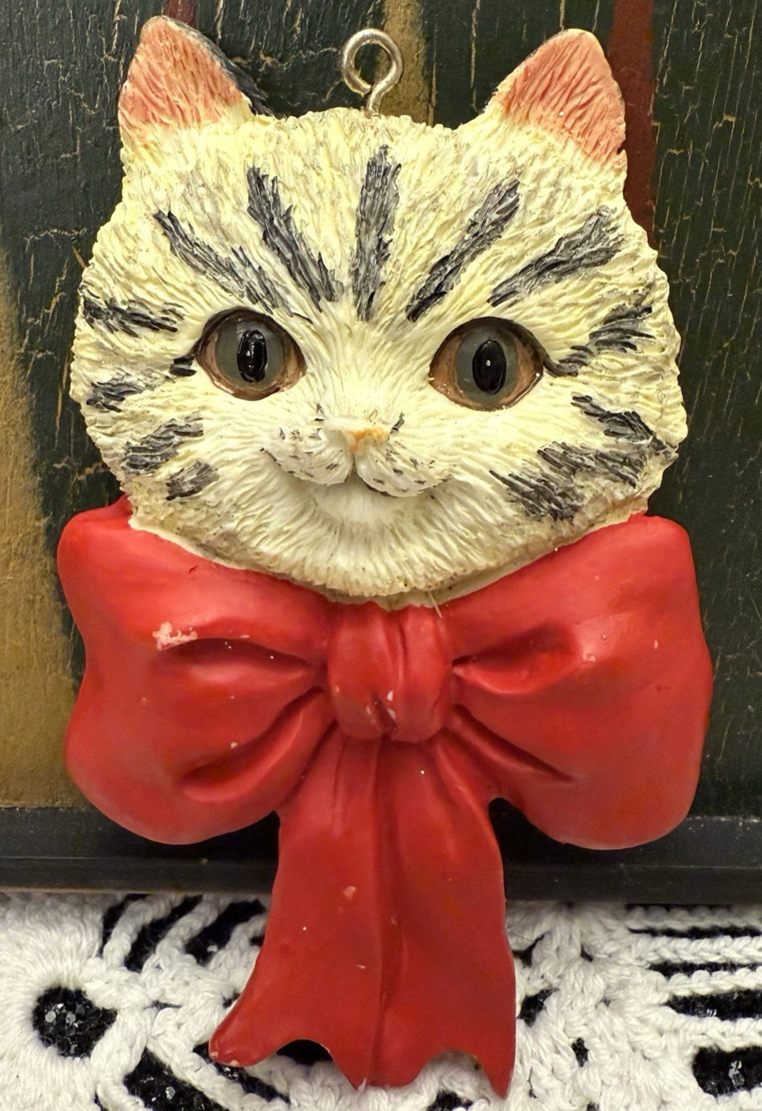 Vintage Sylvestri Christmas Ornament Cat Tabby Feline Big Red Bow Green Eyes